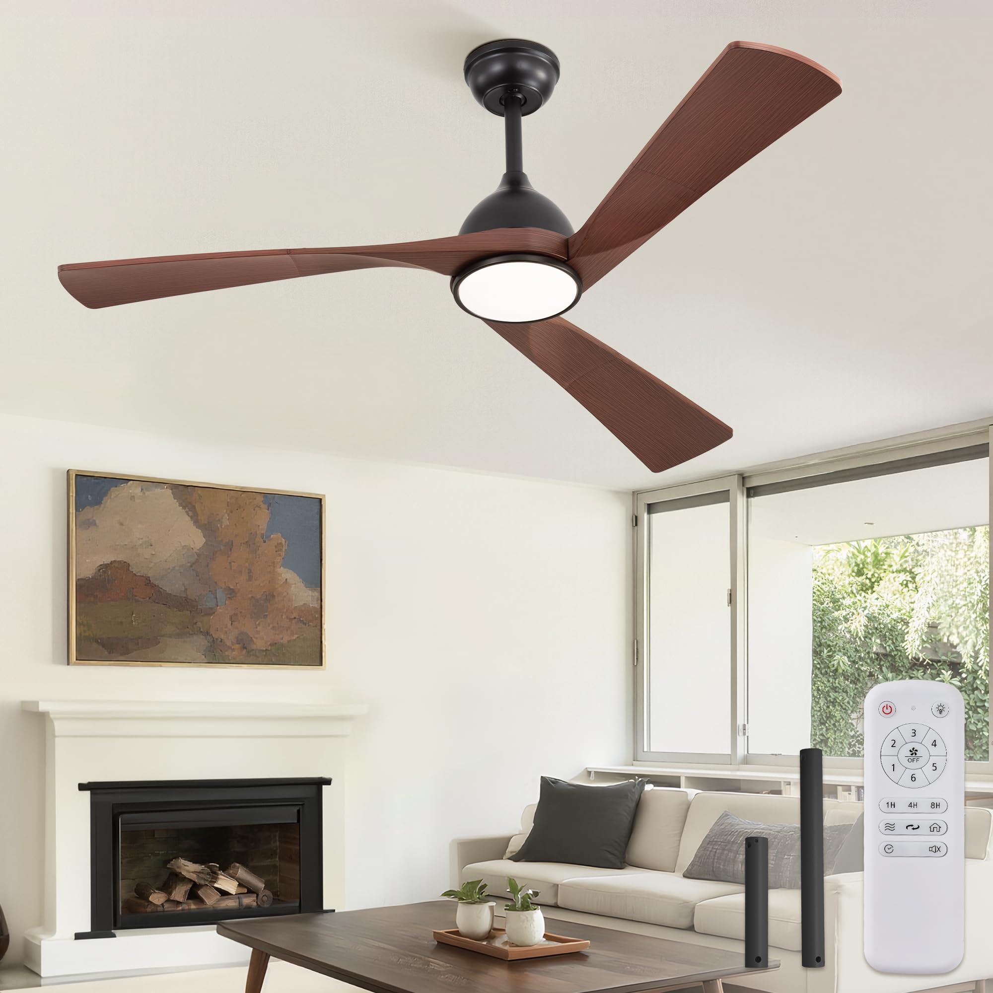 ZMISHIBO Ceiling Fan Light Ø132cm, Silent DC Motor, 6 Speeds + 3 LED Temperatures (3000K/4000K/6000K), Reversible Summer/Winter, Timer 1/4/8h, ABS Wood Dark Brown