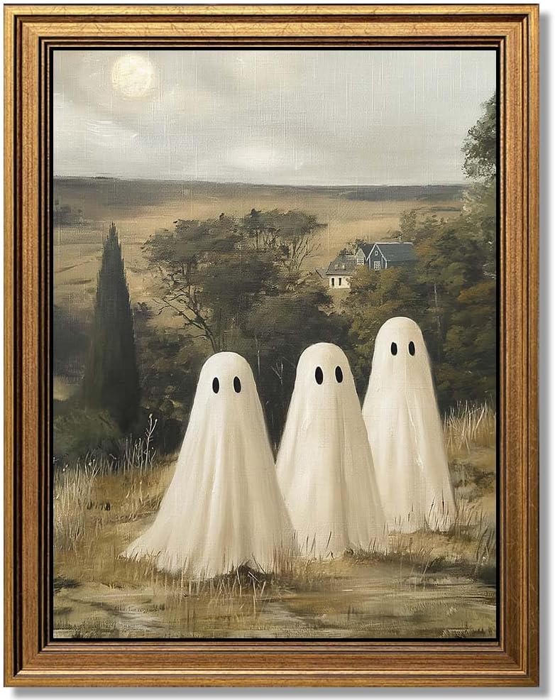 Gold Framed Vintage Halloween Wall Art, Rustic Landscape Wall Decor, Cute Ghost Decor Wall Art (12''x16'')