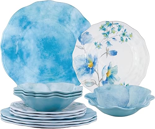 UP ware Campanula - Juego de vajilla de melamina de 12 piezas, juego de platos para exteriores, juegos de platos y cuencos, servicio para 4, azul