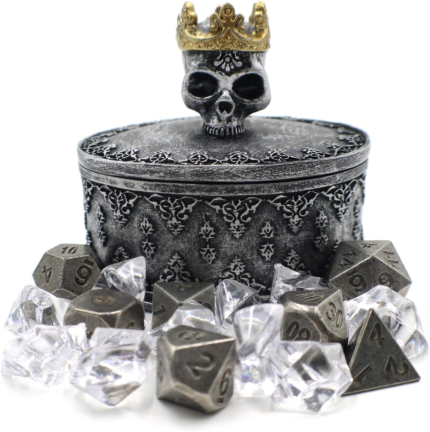 Gothic Dice Box with Metal D20 Set for Roleplay and D&D (Silver)