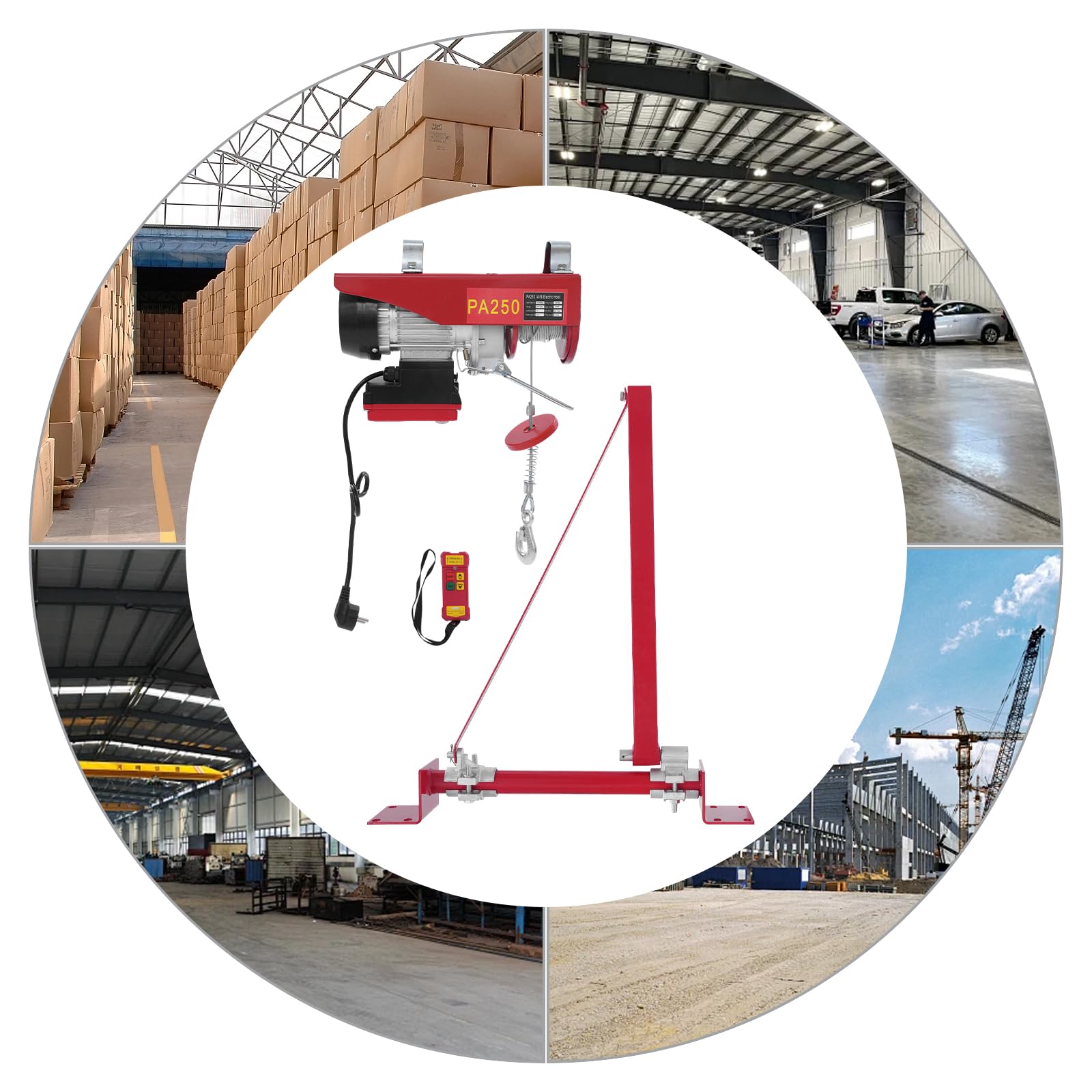 Cabrestante eléctrico de 220 V, 250 kg, con mando a distancia, cuerda de 12 m y soporte de pared, modo doble/individual, cabrestante eléctrico para garaje, taller, almacén