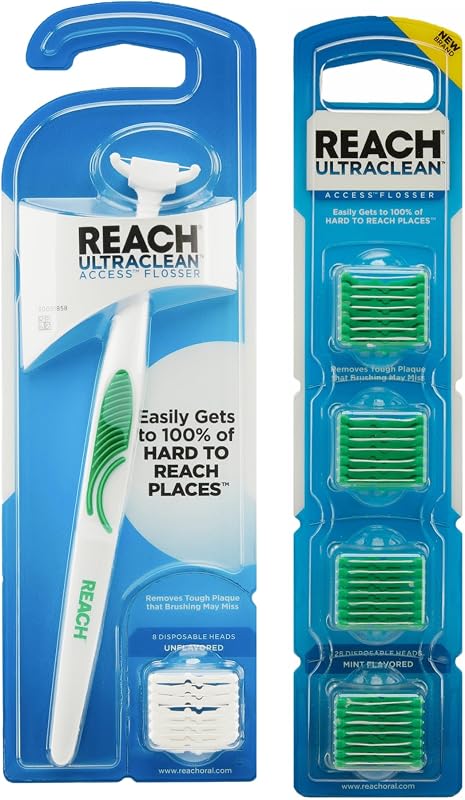 Reach Listerine Ultraclean Access Flosser Refill Heads Sabor a menta y Listerine Ultraclean Access Flosser Starter Kit | Higiene y cuidado bucal adecuados y duraderos | Eliminación eficaz de la placa