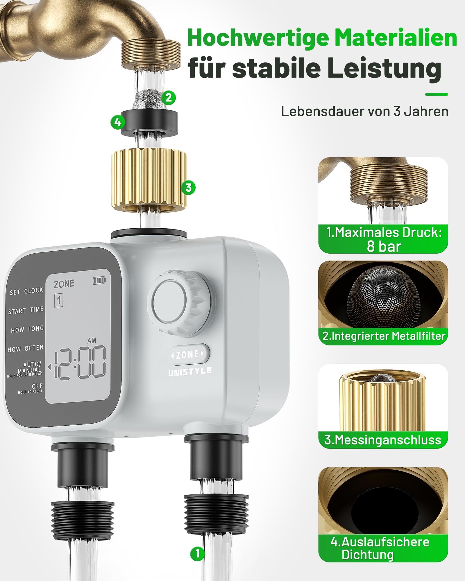 Unistyle Bewässerungscomputer 2 Ausgänge | Neuauflage 2026 – Automatische Gartenbewässerung, einfache und intuitive Bedienung, Messinganschluss in Schwerausführung, flexible Bewässerungsprogramme