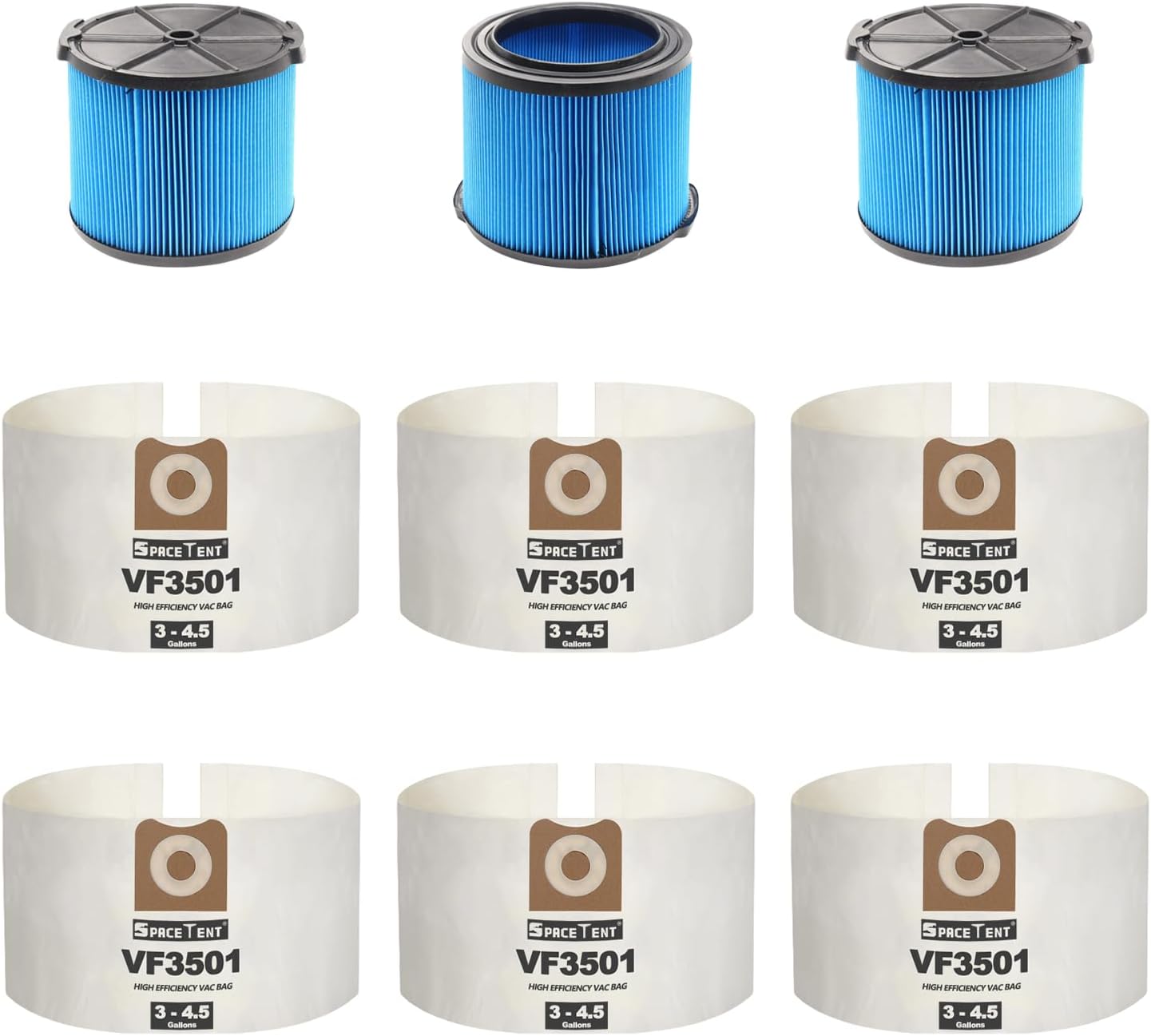 SpaceTent 6 pack Ridgid VF3501 Filter Bags for RIDGID 3 to 4.5 Gallon Wet/Dry Shop Vacuums and 3 pack VF3500 3-Layer Fine Dust Pleated Paper Filter for RIDGID 3 to 4.5 Gallon Vacs.