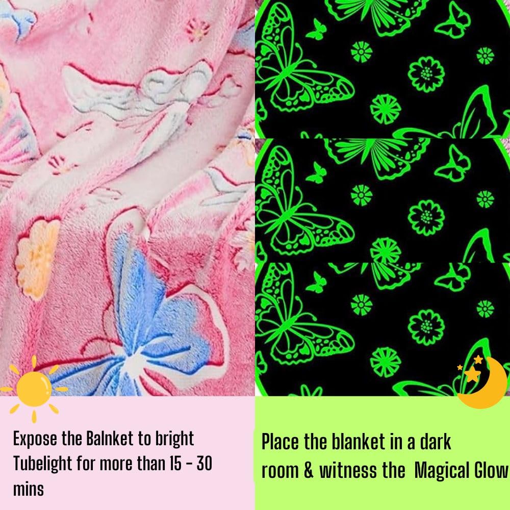 Happy Hues Butterfly Glow in The Dark Blanket-200 x 150 cm- Super Soft Fluffy Flannel Fleece All Season Blanket for Babies-Toddlers-Kids & Teens Boys & Girls- Best Gifting Ideas for 0-15 Years-Pink 2