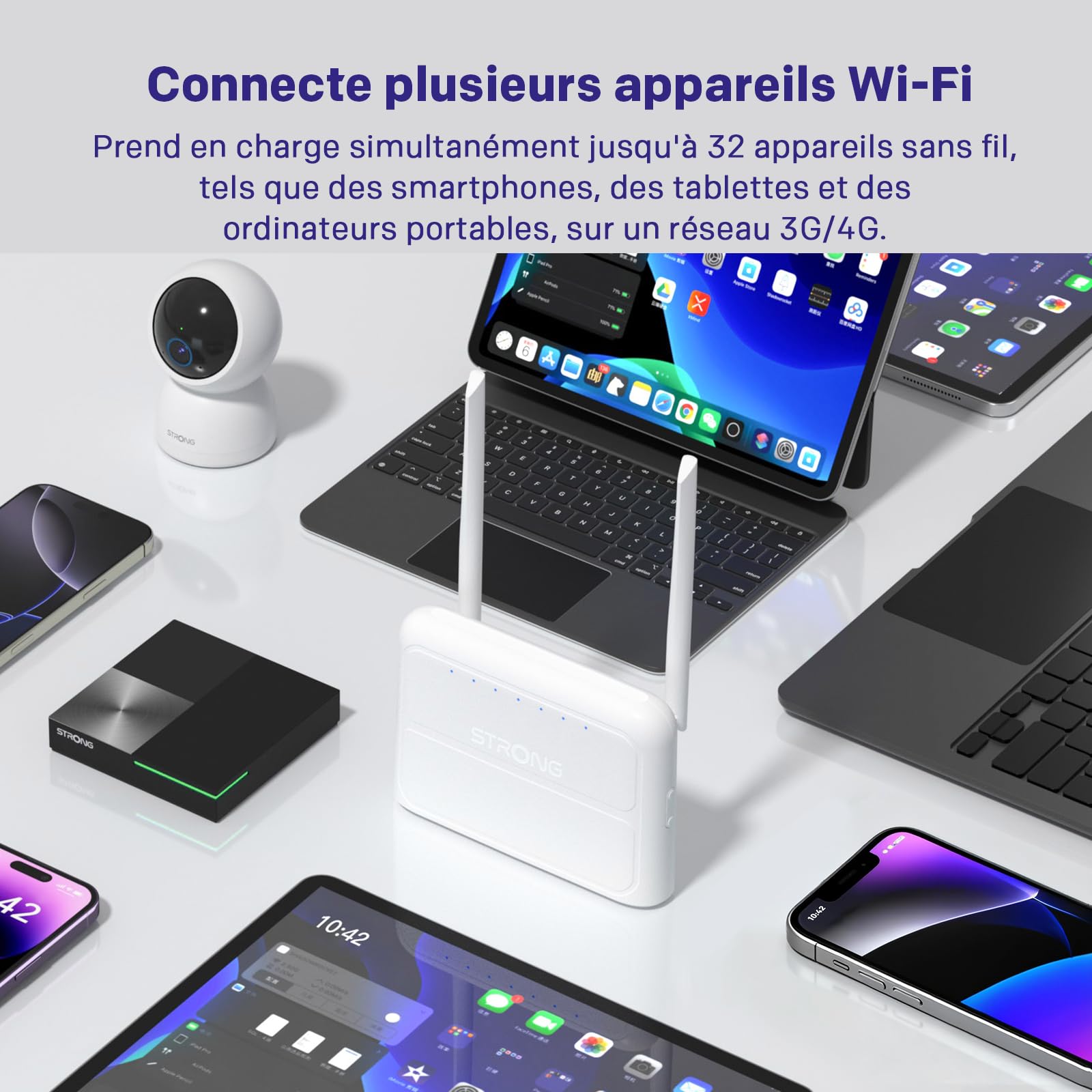 STRONG Routeur 4G Carte Sim, Wi-FI 300 Mbps Box 4G, 4 x Ports 100 Mbps | Routeur 4G Plug & Play avec emplacement Nano SIM, jusqu'à 32 appareils, compatible principaux opérateurs, basculement WAN