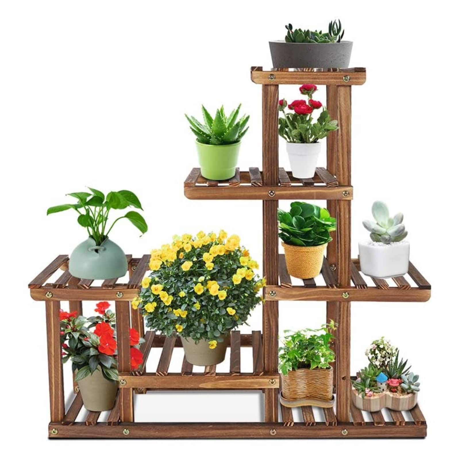 Estantería para flores, estantería de madera para jardín, soporte de flores de varios niveles, escalera para plantas, balcón, escalera, exterior, estantería de madera para interior, balcón, salón,
