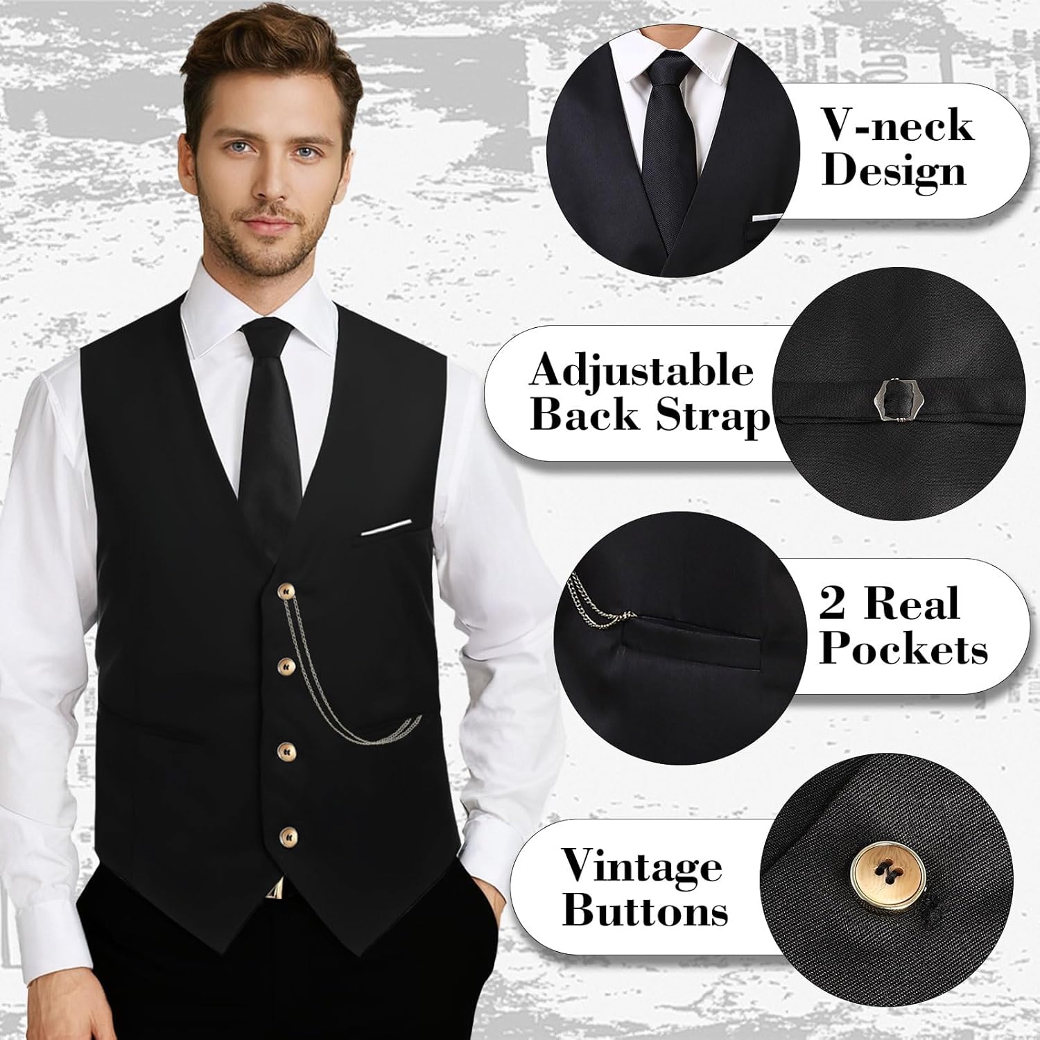 1920s Mens Costume,Roaring 20s Costumes for Men,1920S Mens Outfit Accessories with Vest Hat Pocket Watch Tie Armband - Image 3