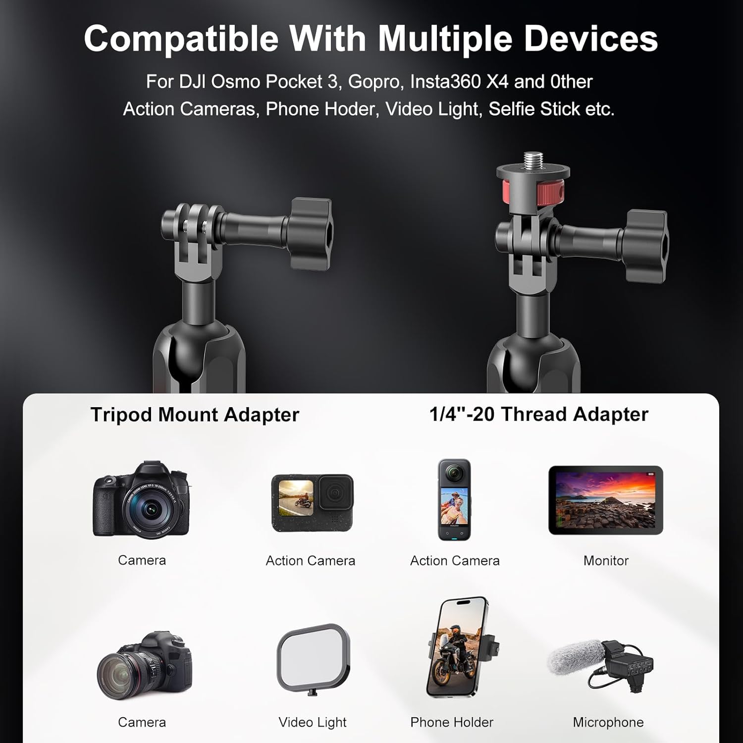 Camera Mount Super Clamp, Double Ballhead Magic Arm Clamp for GoPrO/Pocket 3 /lnsta360 X3 X4 /DSLR/Monitor/LED Light/Flash/Microphone,360°Rotating & 1/4”Screw & CNC Ebike Handlebar Clip Kit, JC008