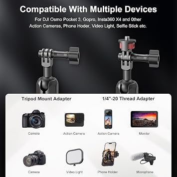 Camera Mount Super Clamp, Double Ballhead Magic Arm Clamp for GoPrO/Pocket 3 /lnsta360 X3 X4 /DSLR/Monitor/LED Light/Flash/Microphone,360Rotating & 1/4Screw & CNC Ebike Handlebar Clip Kit, JC008