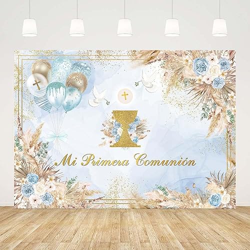 Vista 9 de Telón de fondo bohemio de bautismo de 7 x 5 pies para niños, Mi Primera, Comunión, Bautizo, Fotografía, Dios bendiga la Primera Comunión, pancarta
