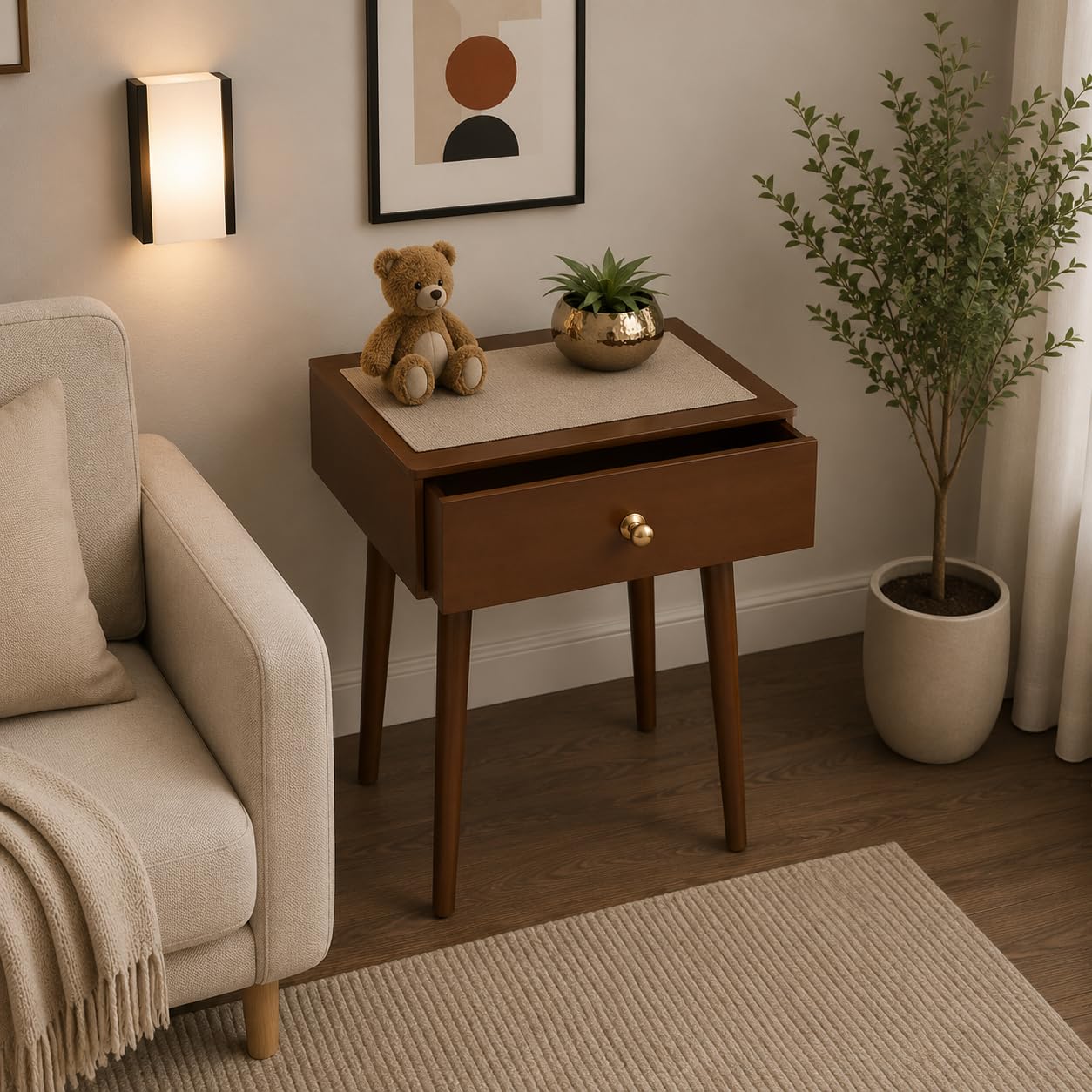 Nightstands, End Side Table with Drawer and Solid Wood Legs, Bedside Table for Bedrooms, Mid-Century Modern Storage Cabinet for Living Room Furniture (Full Brown)-image-7