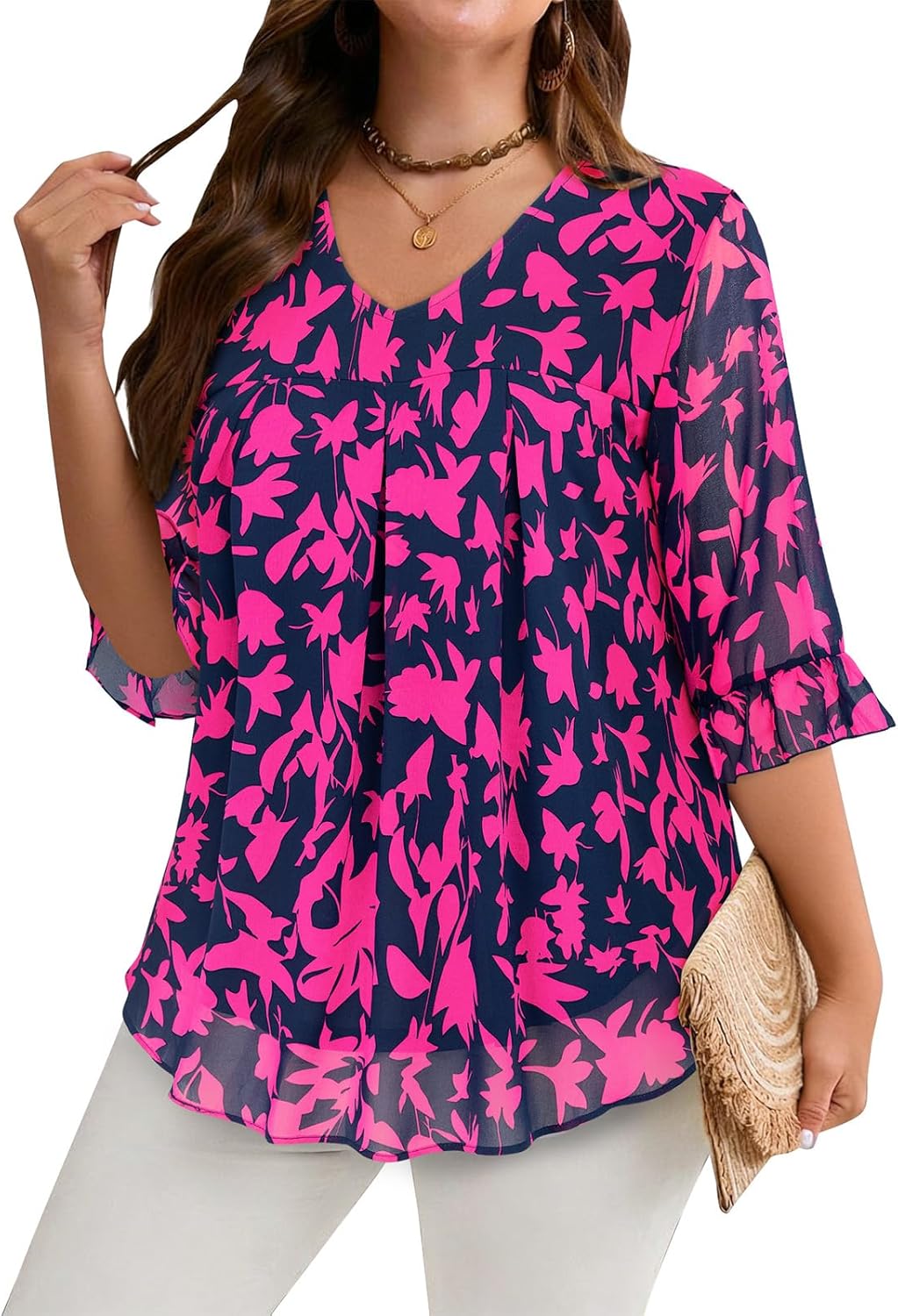 Amrto Plus Size Blouses for Women Chiffon Floral Ruffle 3/4 Sleeve Tunic Top V Neck Dressy Casual Shirts Vacation