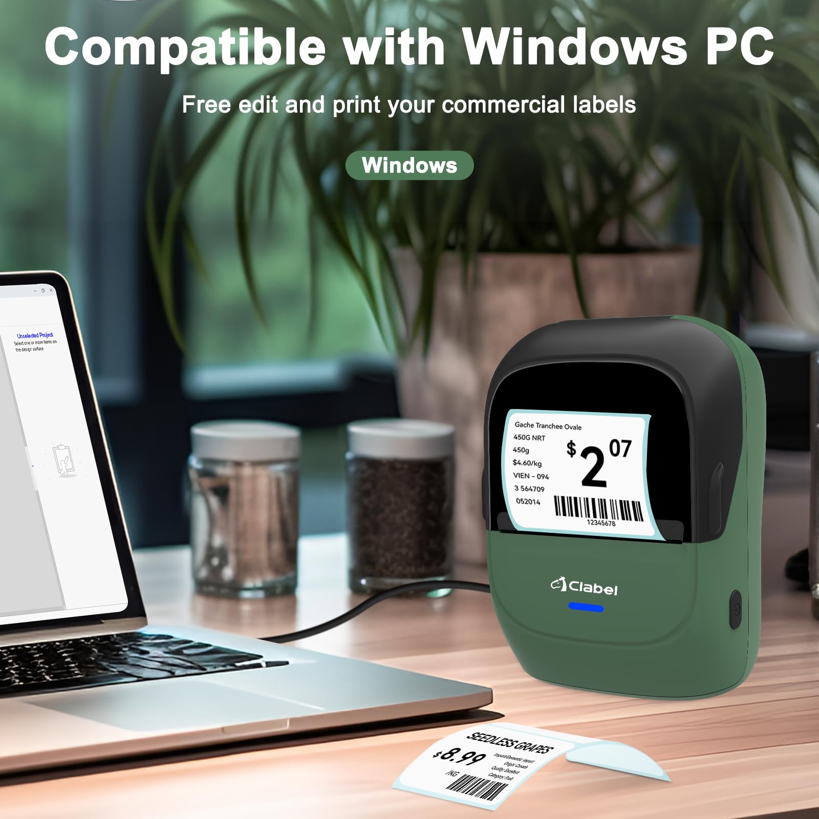 CLABEL Imprimante Etiquette Autocollantes Thermique, 221B Mini Etiqueteuse Bluetooth Portable Imprimante d'étiquettes Compatible avec Android et iOS pour Bureau Maison avec 1 étiquette40×30mm(Vert)