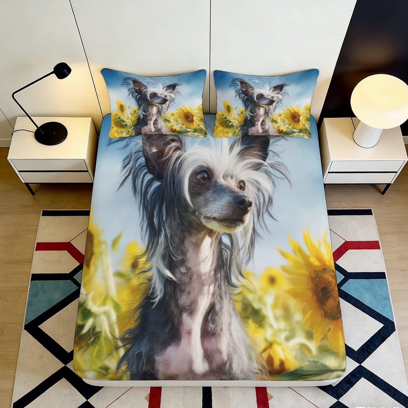 3D Printed Dog Sunflower Fitted Sheet Microfiber Deep Pocket Non-Slip Bedroom Bedding Dog Mattress Fitted Cover 90x200x25cm
