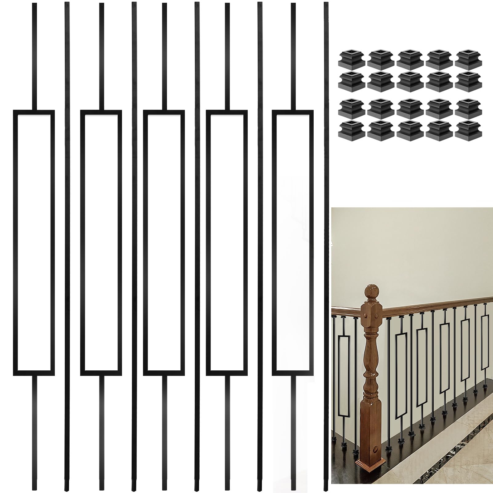 Vilstomes 10 Pack Wrought Iron Baluster, 44 Inches Satin Black Iron Balusters for Staircase, 1/2" Square Metal Railing Staircase Balusters Hollow Stair Spindles W/ 20 Baluster Shoes