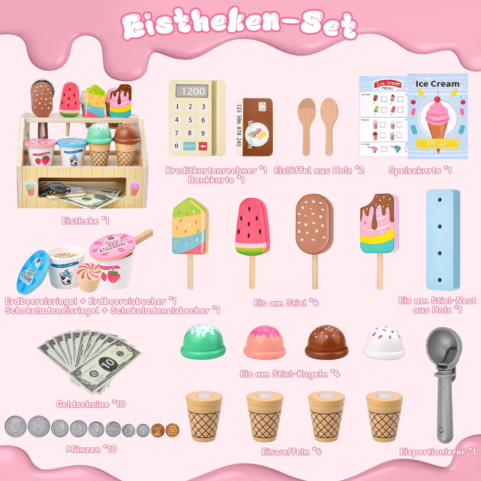 Qufby Gelateria in Legno, Set da Gelateria da 46 PCS, 8 Coni Gelato o 2 Coppe Gelato, Include Banconote e Monete Giocattolo, Calcolatrice e Carte di Credito, Regalo per Bambine di 3, 4, 5, 6 Anni