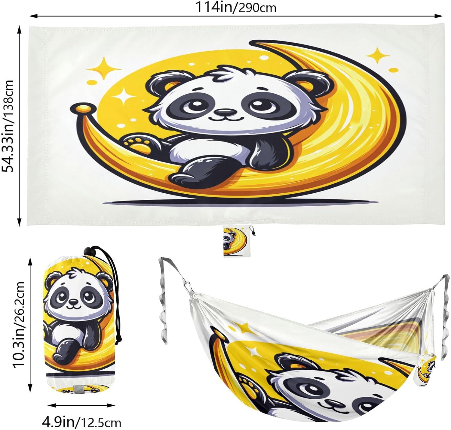 ALAZA Cute Panda Crescent Moon Camping Hammocks Single or 2 Person 500 lbs Portable Parachute Travel Hammock w/Tree Straps for Hiking Backpacking Indoor Outdoor