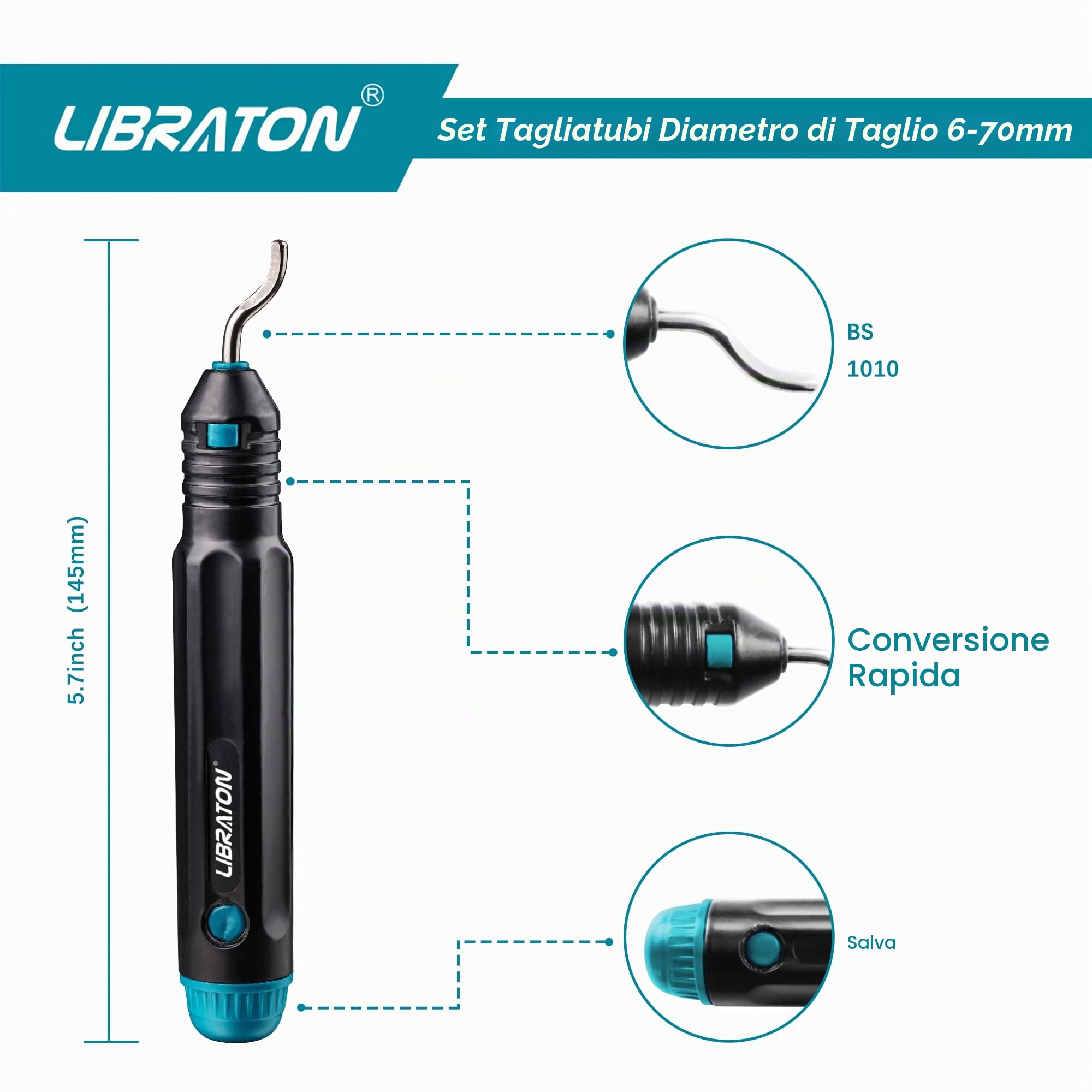 Libraton Tagliatubi, Tubo Tagliatubi Ø6-70mm per Tubi in Rame, Alluminio, Acciaio Inossidabile Sottile, Acciaio - Tagliatubi in Metallo per Impieghi Gravosi con Strumento di Sbavatura