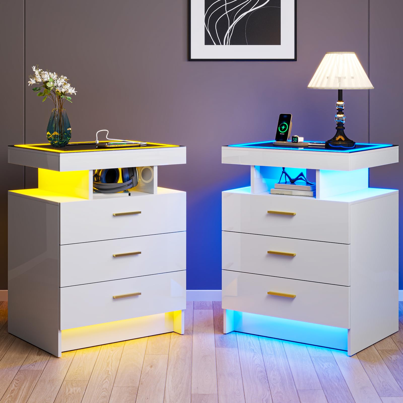 Gurexl LED Bedside Tables set of 2 with Wireless Charging Station,Smart Nightstand with Human Sensor, Highlights Bed Side Tables with 3 Drawers and Glass Tabletop for Bedroom Living Room Study,White