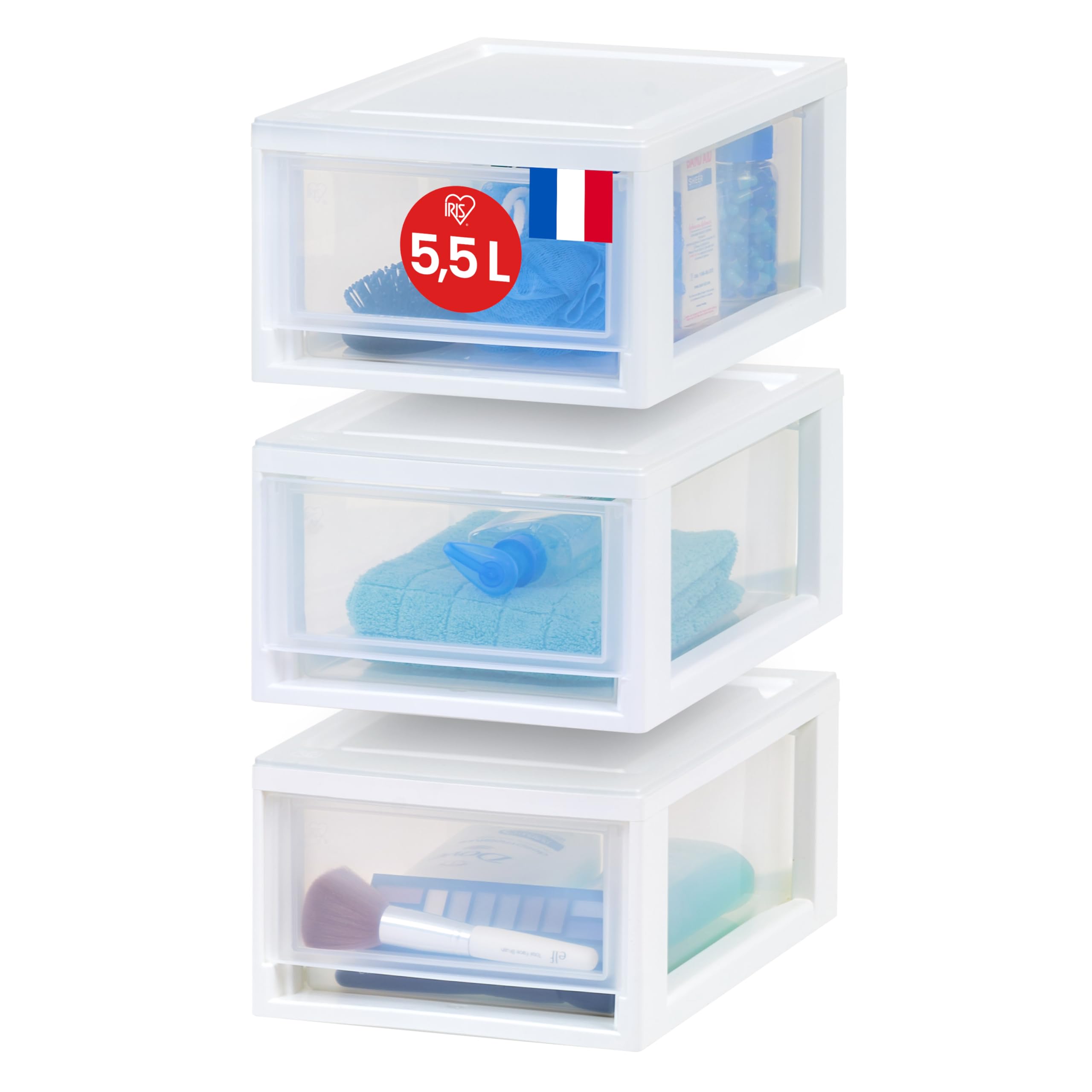 Iris Ohyama, Przezroczysty plastikowy drawer, możliwość układania w stos, biały, 7 l, zestaw 3 sztuk, wielofunkcyjny, widoczna zawartość, do łazienki, zabawek, biura, klatki piersiowej, organizera,