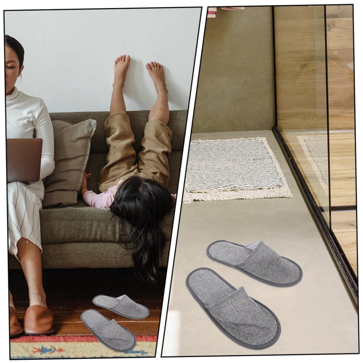 ORFOFE Zapatillas Plegables Desechables de Algodón y Lino, 15 Pares | Ligero y Cómodo para Viajes, Apto para Avión y Hotel, Gris Suela Antideslizante de 5mm