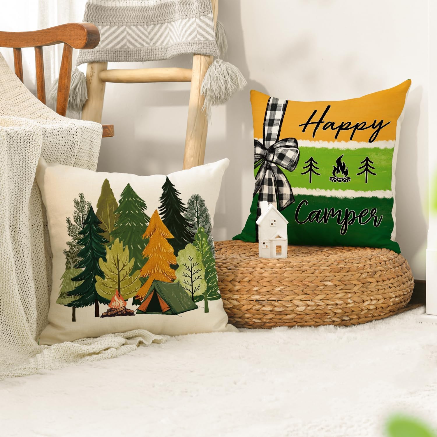AVOIN colorlife Happy Camper Life Laugh Camp Tree Throw Pillow Covers, 18 x 18 Inch Campfire Cushion Case Decoration for Sofa Couch Living Room Home Decor Set of 4 - Image 5