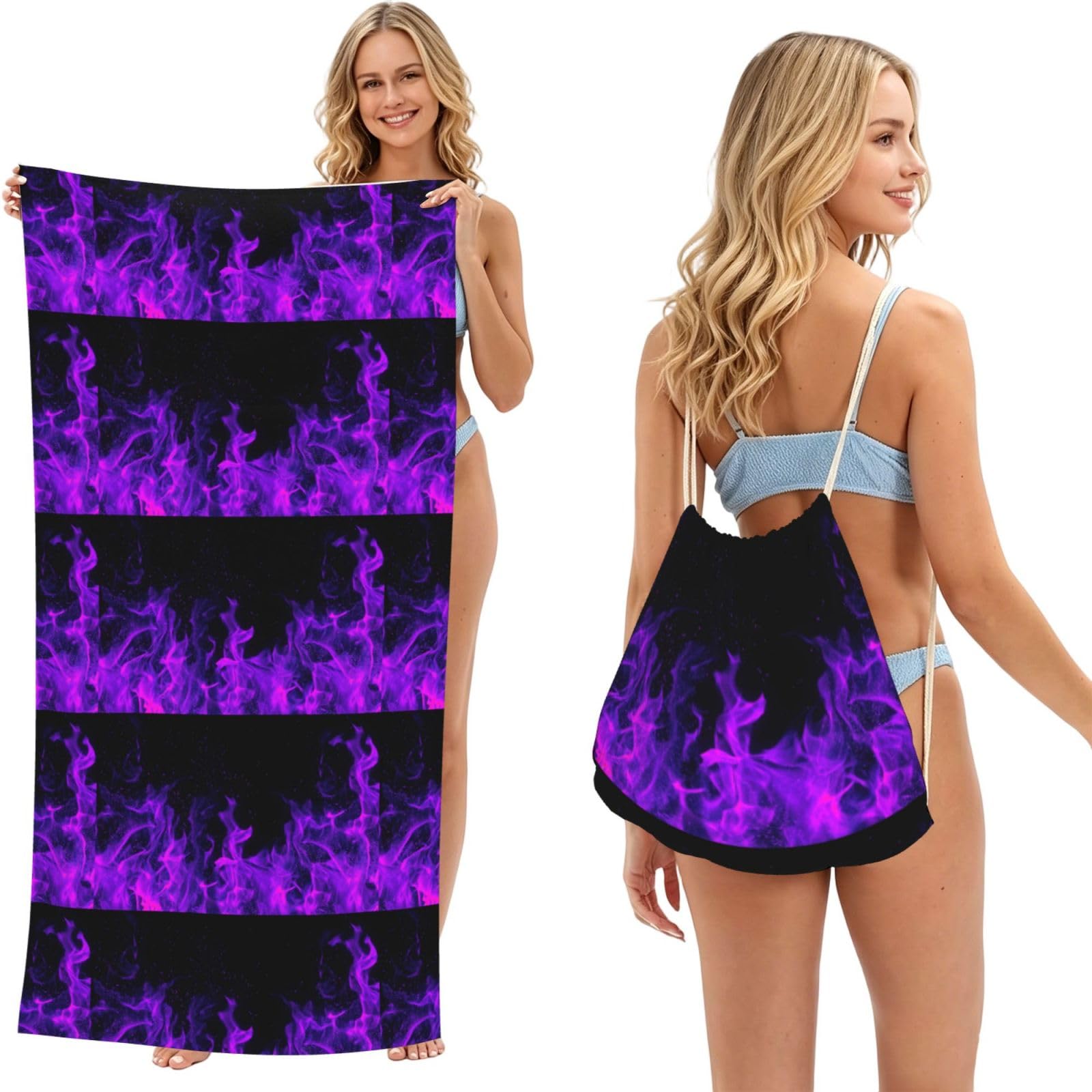 Poadnly As Picture Purple Flame, 2 In 1 Packable Towel Bag, Beach Towels With Drawstring Backpack For Travel Holiday Camping