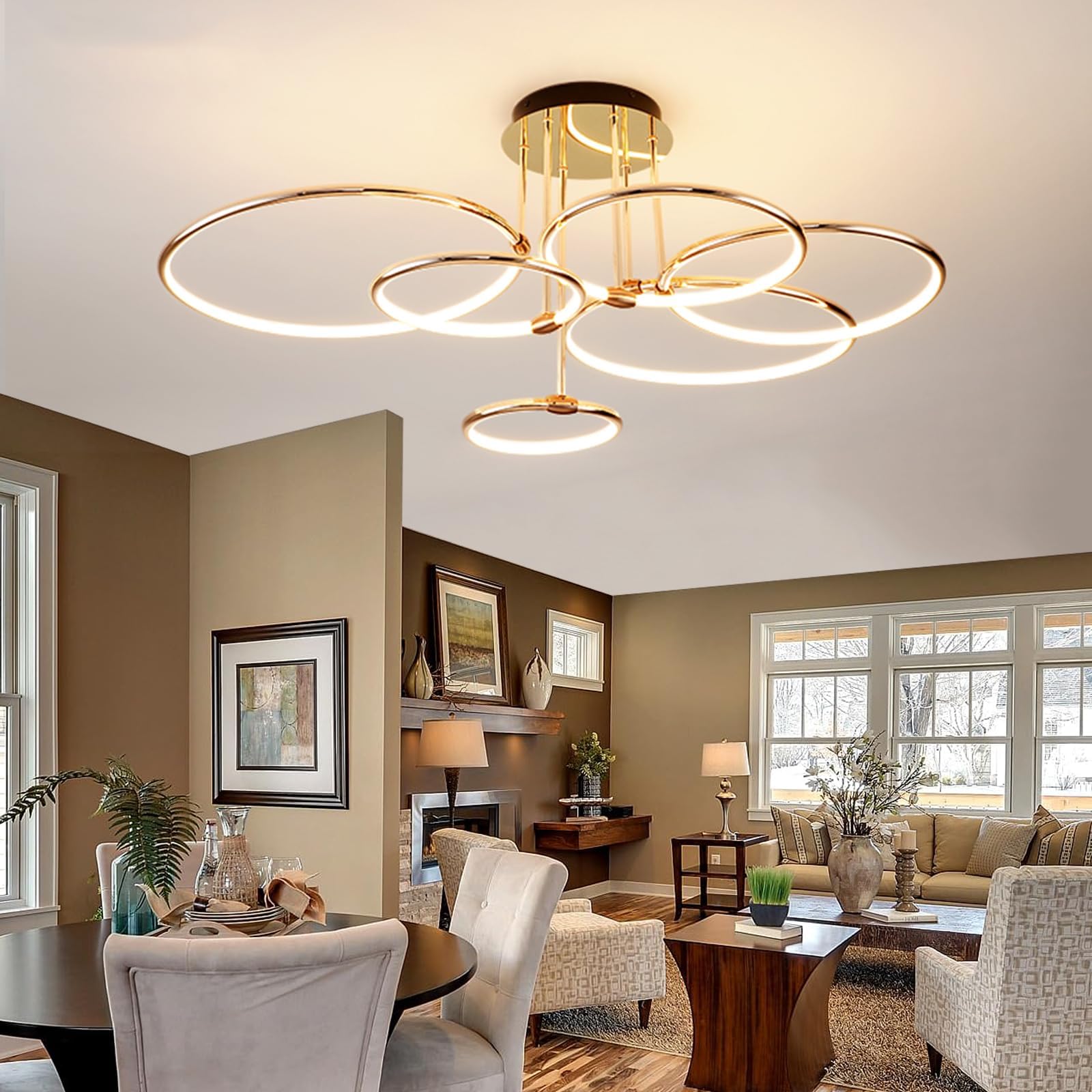 LED Plafoniera, Ø105cm Lampadario Cerchio In Metallo Dorato, 145W Dimmerabile Continuo 3000-6000K, Lampadario Rotondo Moderno In Placca Camera Letto Soggiorno Bambini Ufficio Studio (6 Anelli)