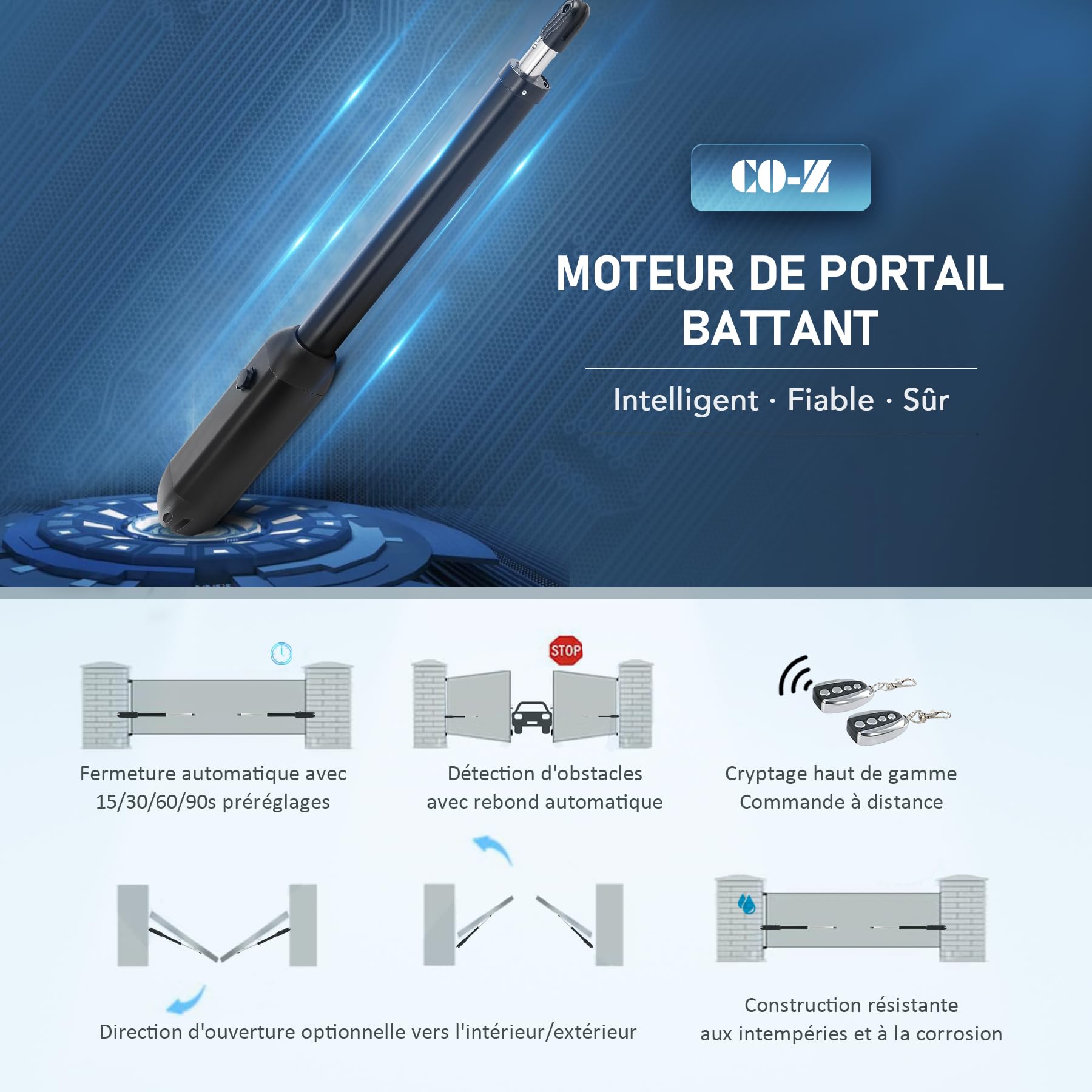 CO-Z Automatisme Portail Battant Double 220V/24V - 2 Moteurs DC 62W pour Vantaux Jusqu'à 1000KG et 6M - Alimentation Solaire ou Secteur - 2 Télécommandes Incluses - IP44