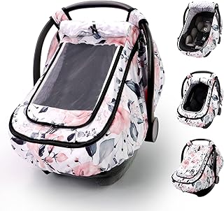 Car Seat Cover Baby Girls, Infant Car Seat Canopy Outdoor, 2 Layers with Mesh and Sun Shade Window for Summer Winter, Easy Access Carseat Covers Snug Fit Baby Stroller - Pink Floral