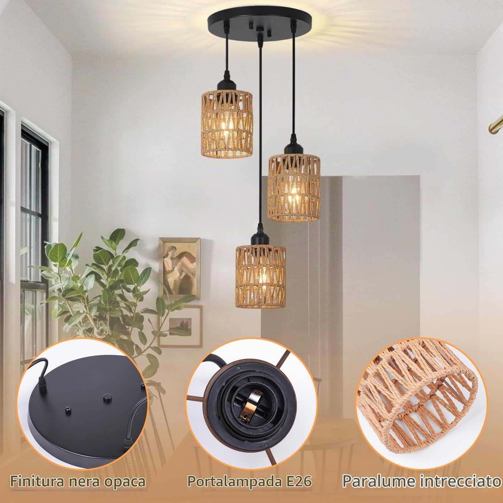 Lampade a Sospensione 3 Luci a Rattan, Retrò Paglia da Soffitto | Boho Lampadario Cucina, Attacco E26, Cavo del Ciondolo Regolabile, Lampadina non Inclusa, per Soggiorno Camera da Letto-Nero