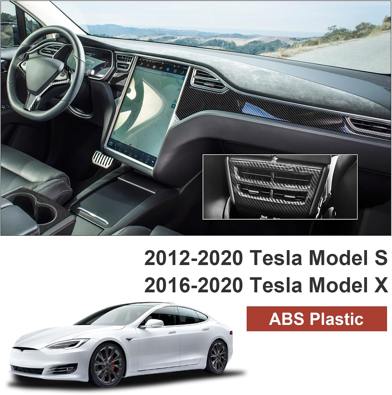 Carbon Fiber Interior Trim Cover Kit Compatible with 2012–2020 Tesla Model S & 2016–2020 Model X – Steering Wheel Cover, Dashboard Cover, Cup Holder Cover, Air Vent Cover Interior Accessories