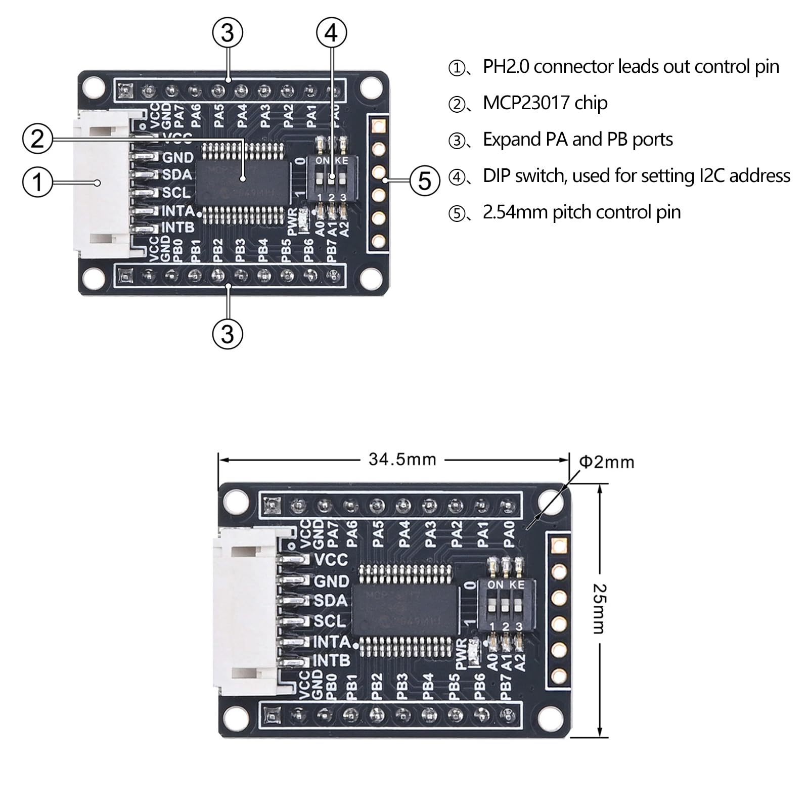 MCP23017 Modulo di espansione I/O - 16 pin GPIO, interfaccia I2C, interruttore DIP integrato a 3 cifre, compatibile con Raspberry Pi, Arduino, STM32 (3,3 V/5 V)