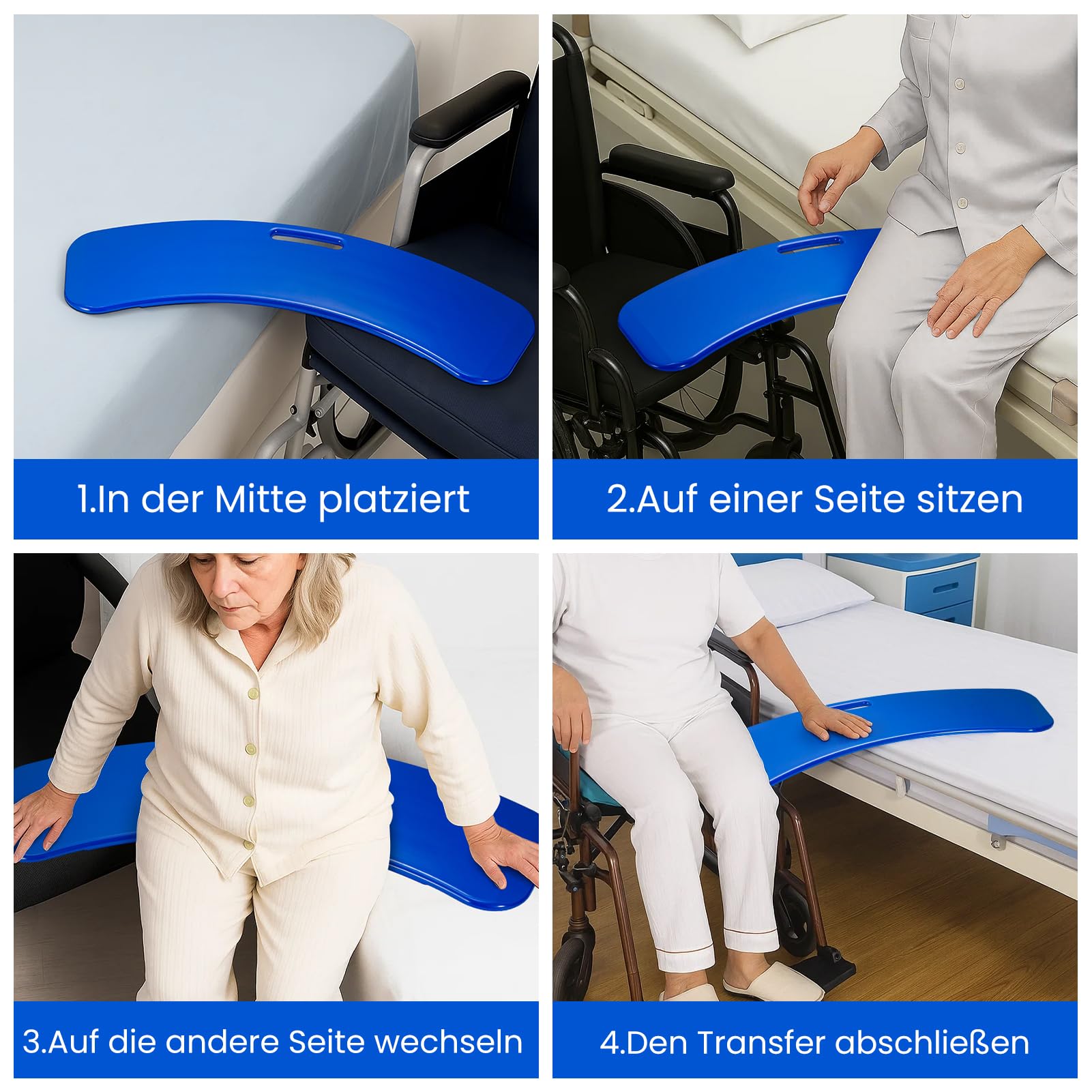 Transferbrett für Rollstuhlfahrer – Rutschfestes Gleitbrett aus Hochfestem Kunststoff, Patienten-Transferhilfe zum sicheren Umsetzen zwischen Rollstuhl, Bett, Toilette und Auto (Blau)