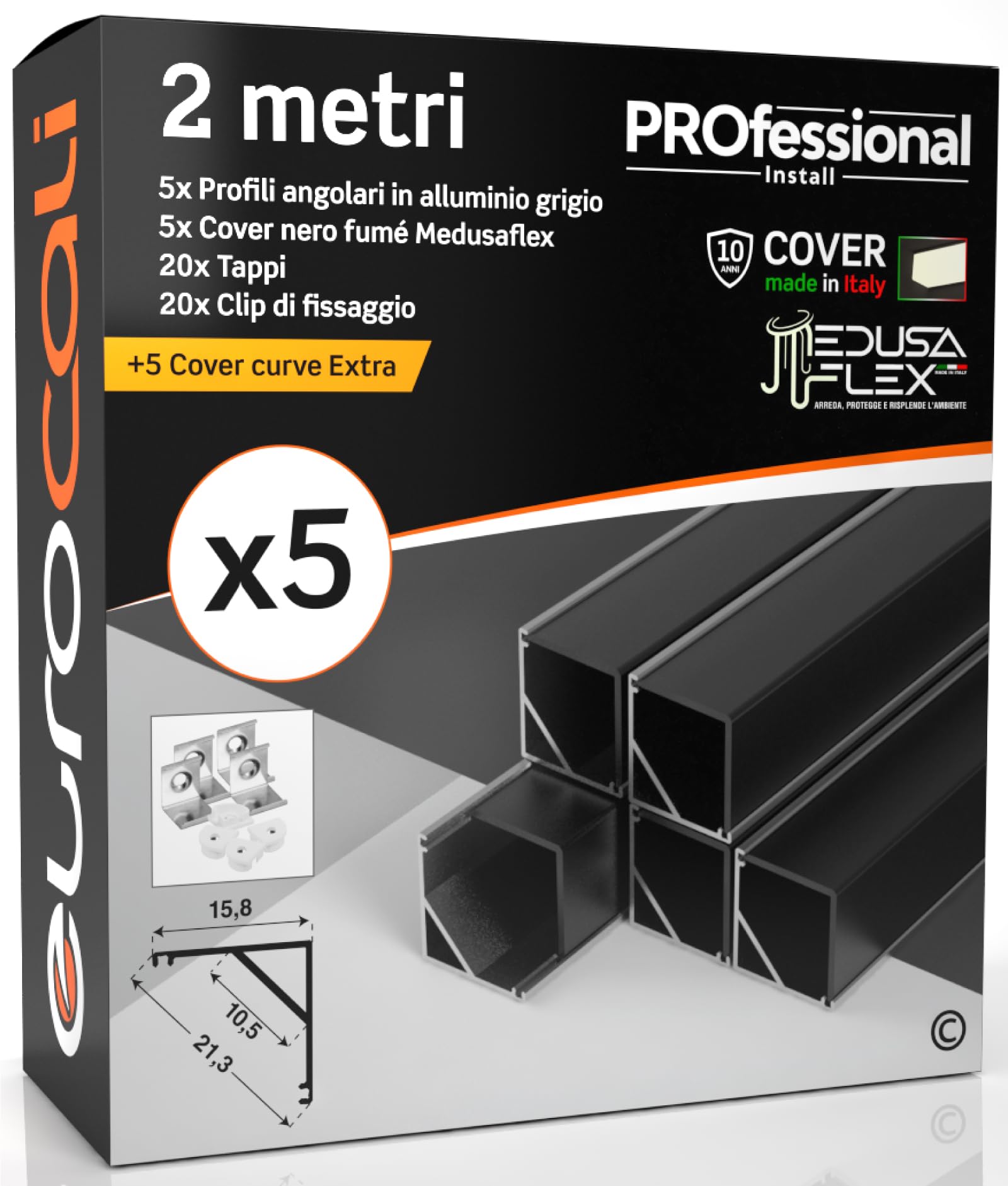 Profilo Alluminio Angolare per Strisce LED con copertura Professionale Nera Made in Italy MedusaFlex CUBO in Policarbonato - Pacco da 5 (10m) 2000 x 15.8 x 15.8mm - Cover standard opaca inclusa