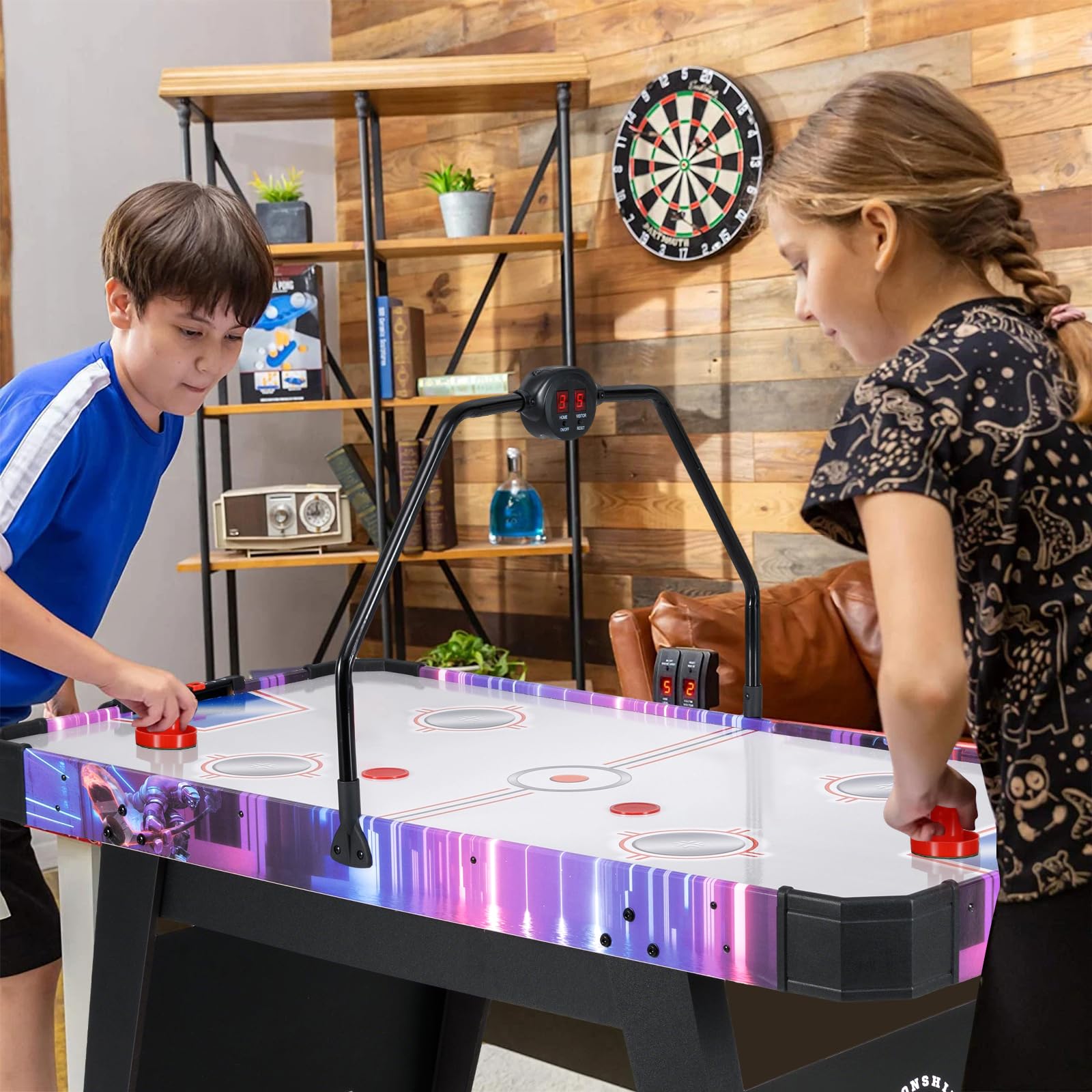 GOPLUS Table Air Hockey Enfants et Adultes, Table de Jeu de Palet Hockey avec Score Électronique LED& Lumières, Style Arcade avec 2 Palets, 2 Poignées
