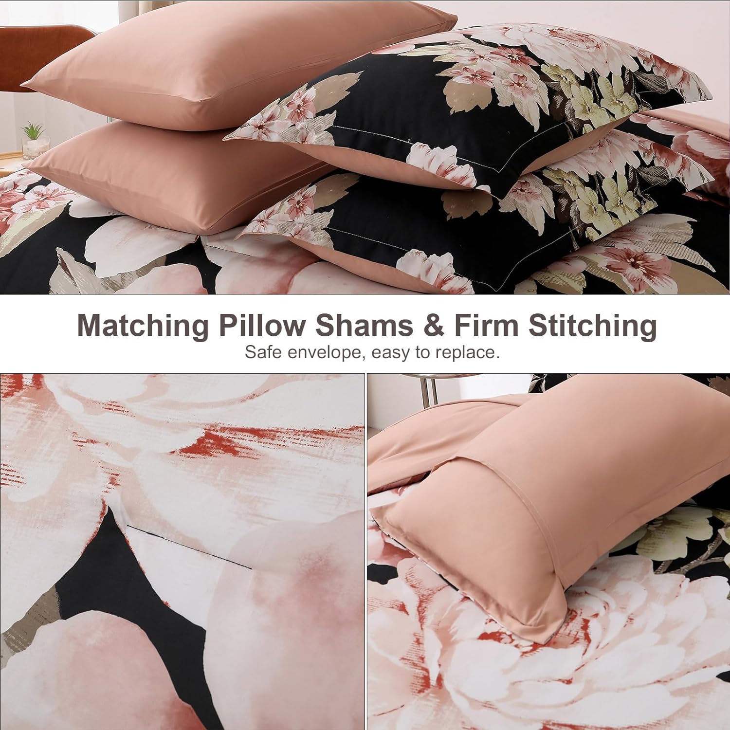 Floral Comforter Set Queen Size 7 Pieces Bed in a Bag, Pink Black Floral Bedding Sets Elegant Flower Bed Set Lightweight Comforter for All Season with Flat Sheet, Fitted Sheet, Pillowcases & Shams - Image 5