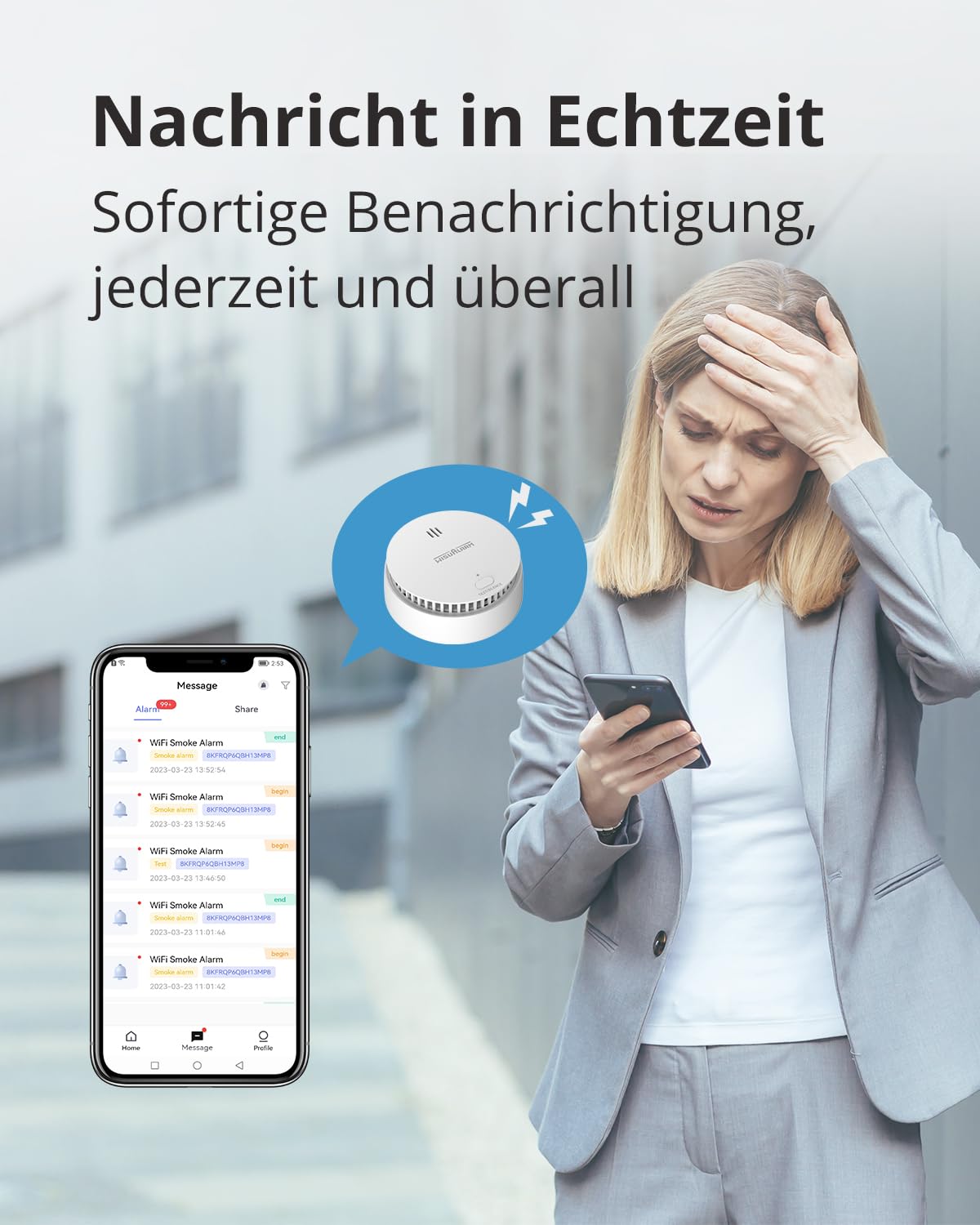 Wisualarm Rauchmelder WLAN, Rauchmelder Smart kompatibel mit Wisualarm App, Feuermelder WiFi TÜV-Zertifiziert nach EN 14604 (WLAN 3 Stück)