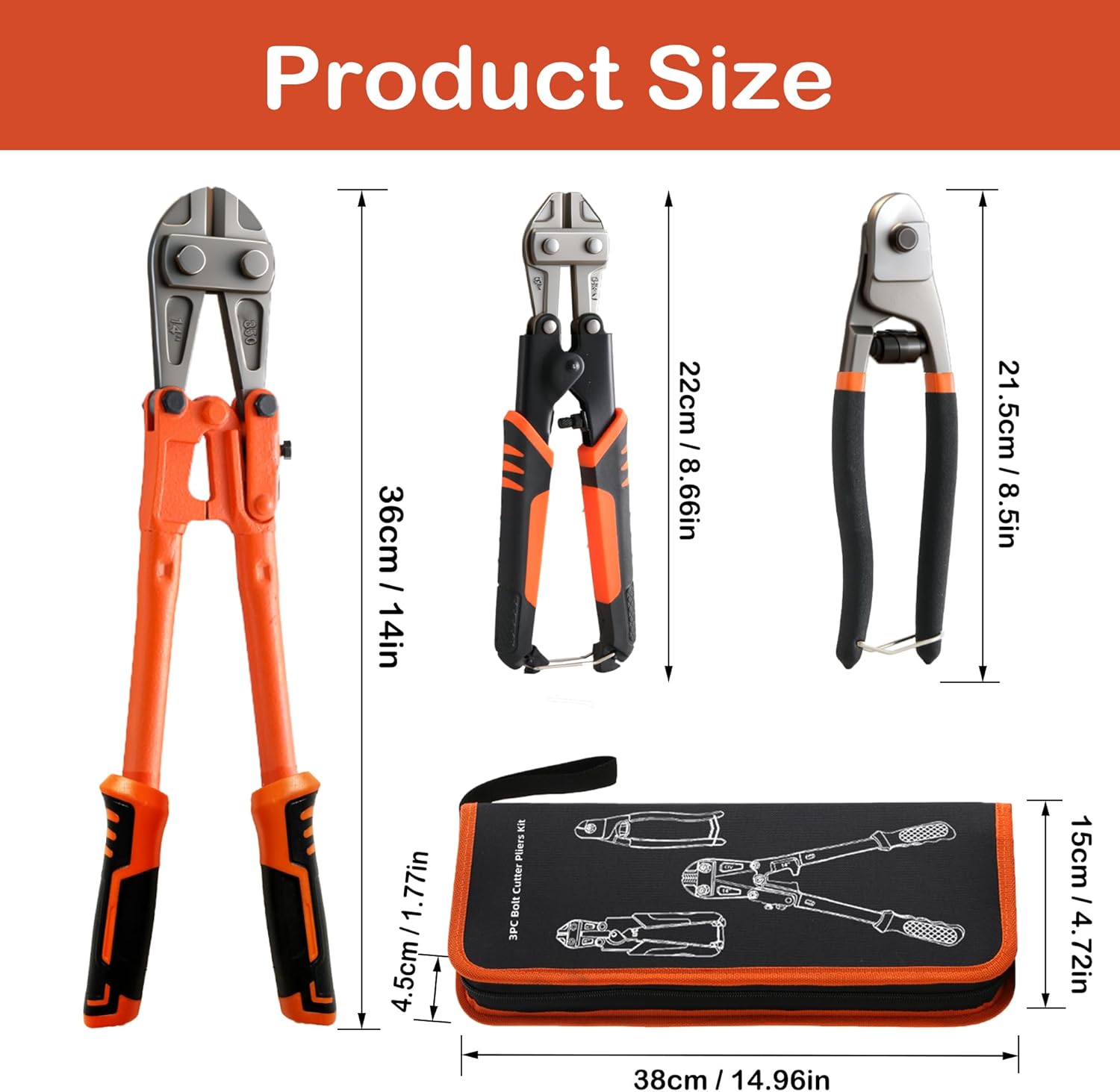 3-Piece Bolt Cutter Pliers Set, 14"Bolt Cutters Heavy Duty, 8"Mini Bolt Cutters and 8"Wire Cutters Heavy Duty, Cable Cutters with Storage Bag, CR-V Steel Blade for Cutting Chains,Iron Wire,Locks,Cable