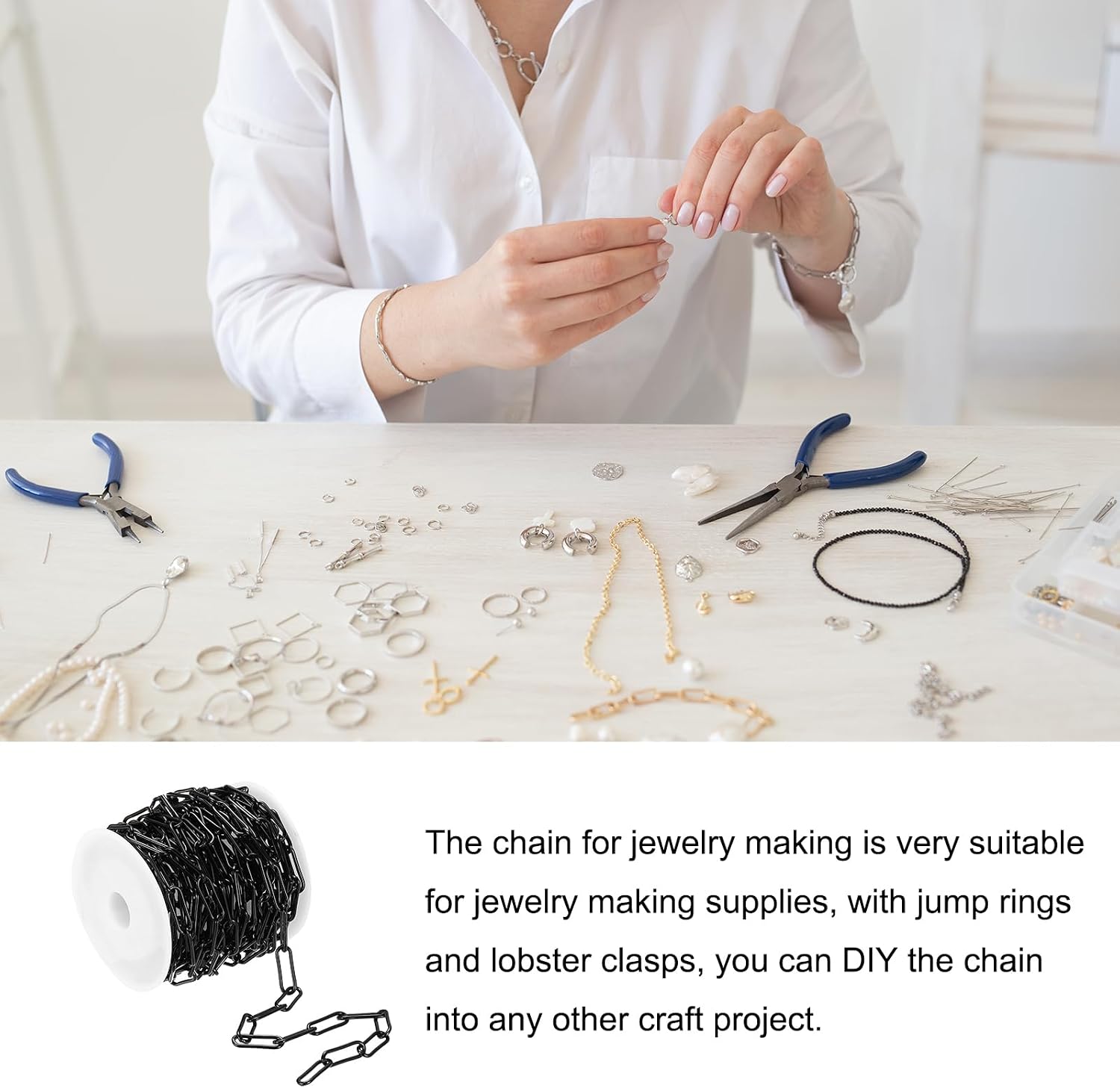 MECCANIXITY 16ft Black Plated Chain Stainless Steel Paper Clip Necklace Chains Bulk with Jump Rings Lobster Clasps for Jewelry Making DIY Crafts