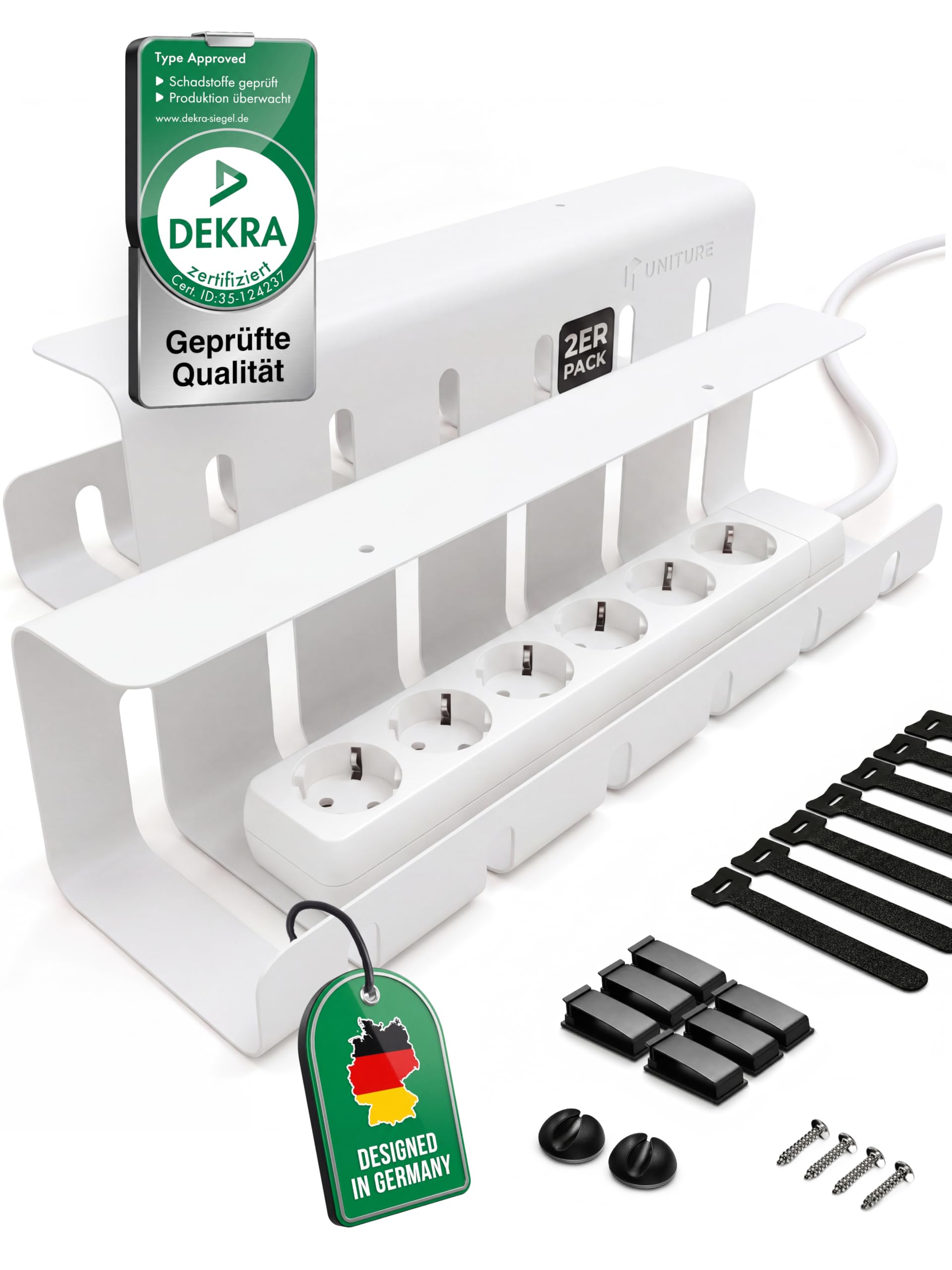 UNITURE® Kabelkanal [DEKRA Zertifiziert] - 2er Set Kabelmanagement Schreibtisch - 2x40cm Kabelhalter - Kabelführung - Cable Management Under Desk - Weiß