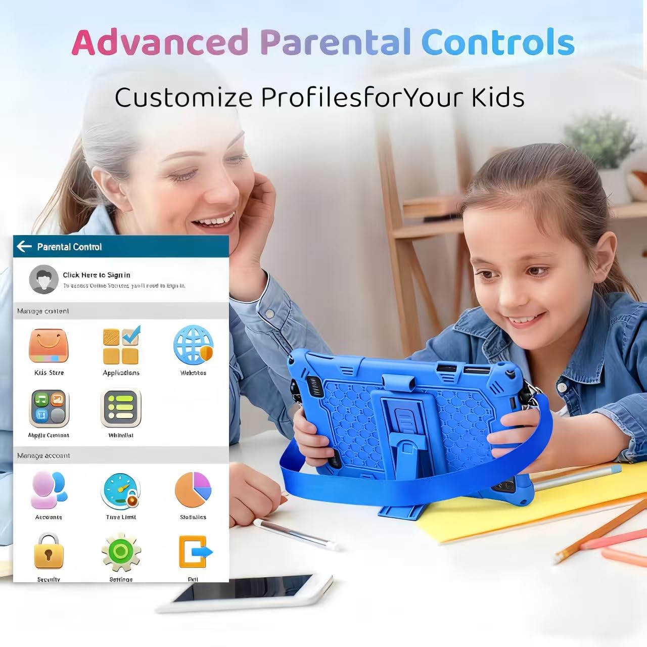 niuniutab 8 Inch Android Tablet 6+10 RAM 128GB ROM (256GB TF Card), Google Certified, Preinstalled Children's Software, Wi-Fi, Shockproof Case, Gift for Children (Blue) in use