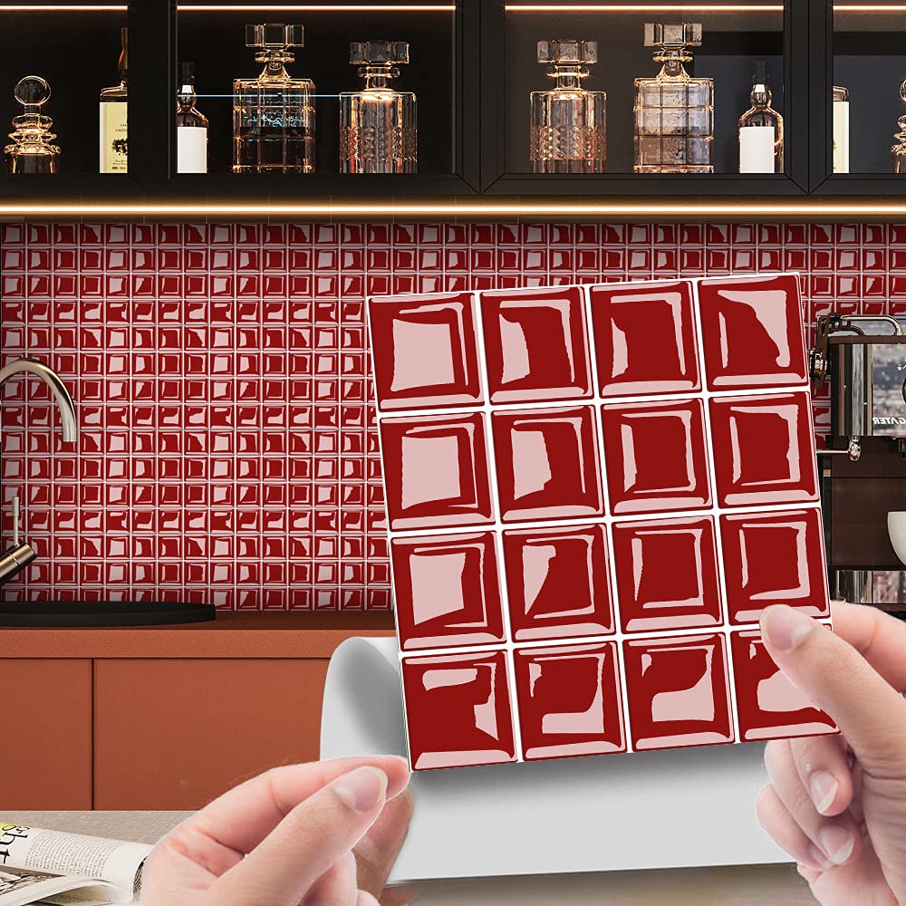 Hiseng 30pcs Wall Tile Stickers, Hiser Square Retro Marble Mosaic Style Waterproof Decals Sticker for Kitchen Living Room Bathroom Home Floor DIY Decor Self-Adhesive (Red,20x20cm)