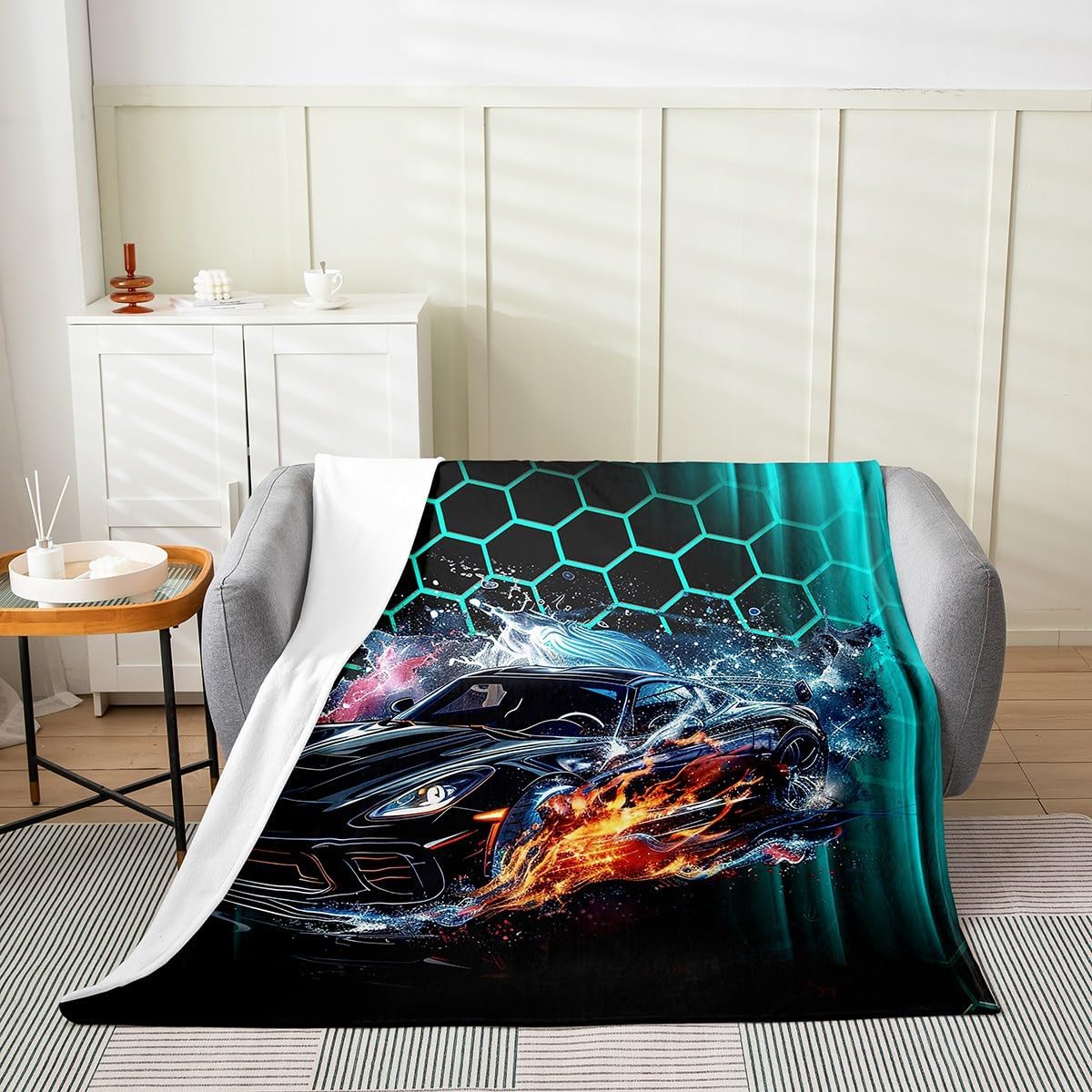 Feelyou Racing Car Flannel Fleece Throw Blanket Queen 90"x90" Kids Abstract Ombre Plush Blanket for Boys Girls Teens Teal Geometrical Honeycomb Fuzzy Blanket Extreme Sports Theme Bed Blanket