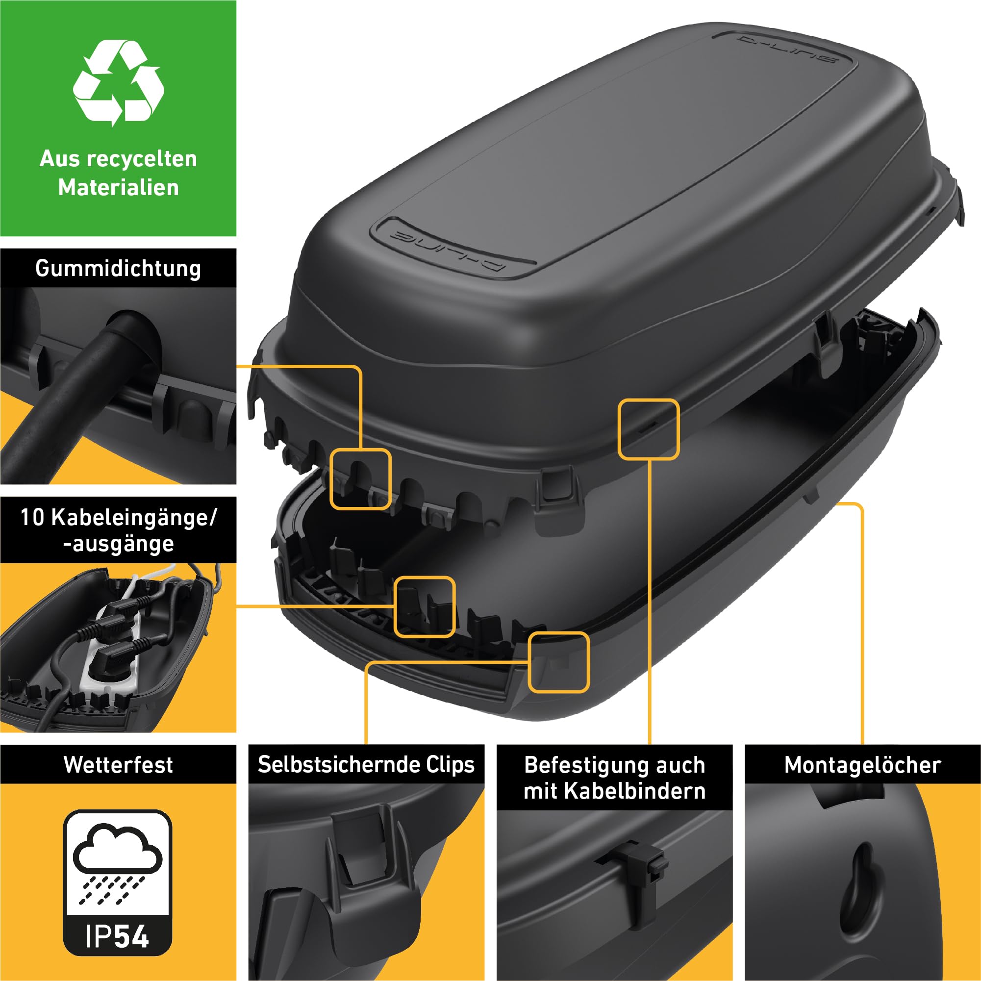 D-Line, Wetterfeste Elektrobox, IP54-Schutz - Innenmaße = 290mm (Länge) x 125mm (Breite) x 110mm (Höhe) - Schwarz