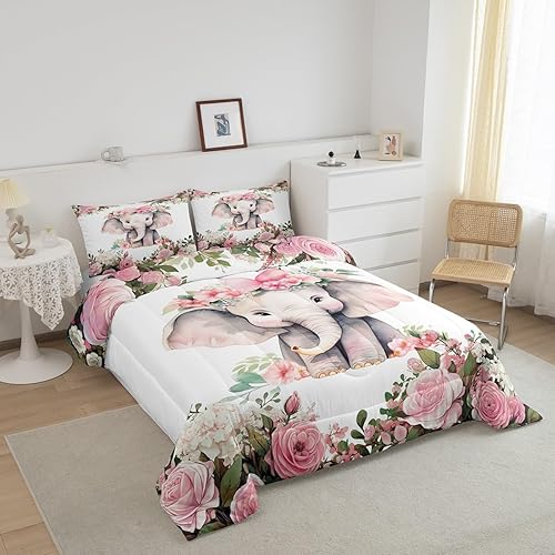 Miniatura 3 de Juego de edredón de elefante lindo para niños, ropa de cama de flores de cerezo rosa, tamaño individual, juegos de ropa de cama y colecciones de