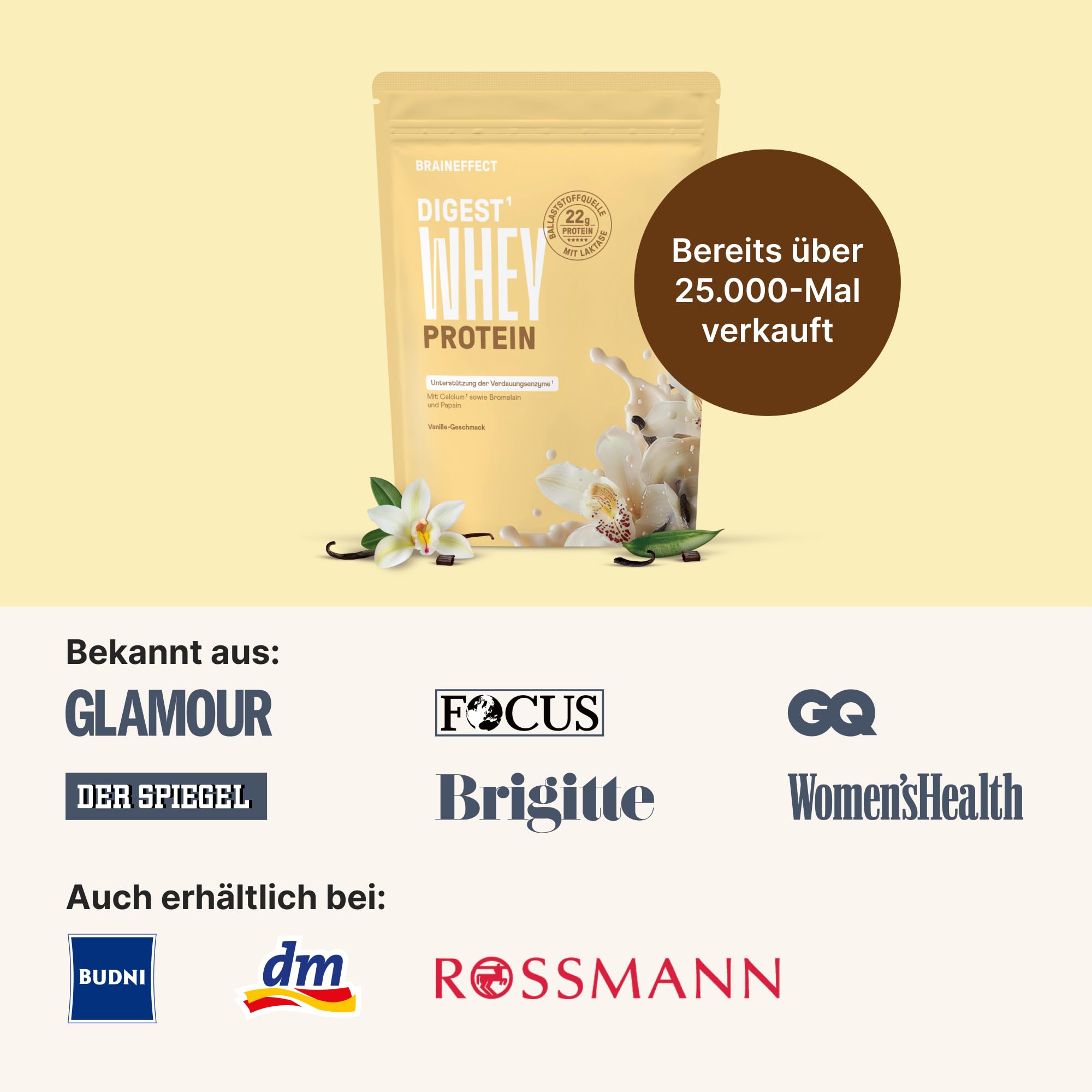 BRAINEFFECT Whey Digest Protein Pulver – 22 g Molkenprotein mit Verdauungsenzymen & Laktase – Leicht verdaulich, laktosefreundlich, für Muskelaufbau & Regeneration – Vanille eiweißpulver – 600 g