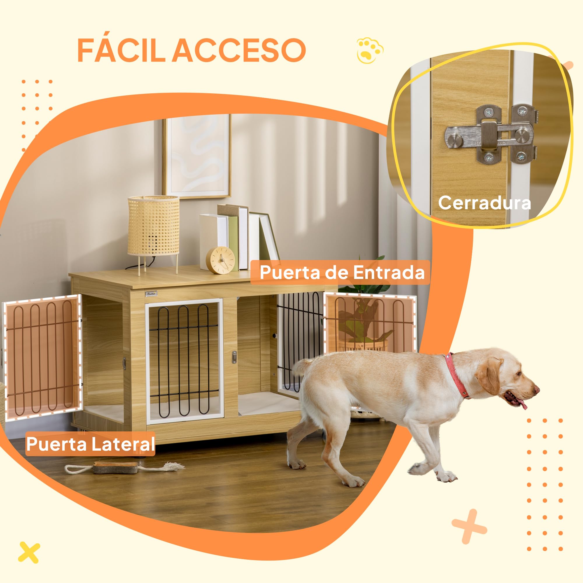 PawHut Jaula para Perros Mesa Auxiliar con Cojín Lavable Casa para Mascotas con Estructura de Acero para Perros Medianos y Grandes 90x58x65 cm Roble