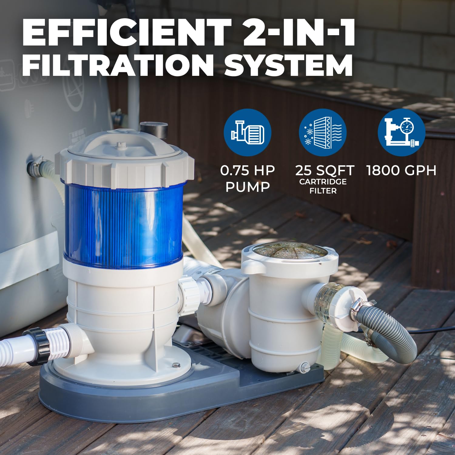 XtremepowerUS - Sistema di filtraggio a cartuccia per piscina da 1800 GPH con pompa per piscina fuori terra fino a 18.000 galloni, porte da 1,5 pollici, include tubi flessibili e adattatori
